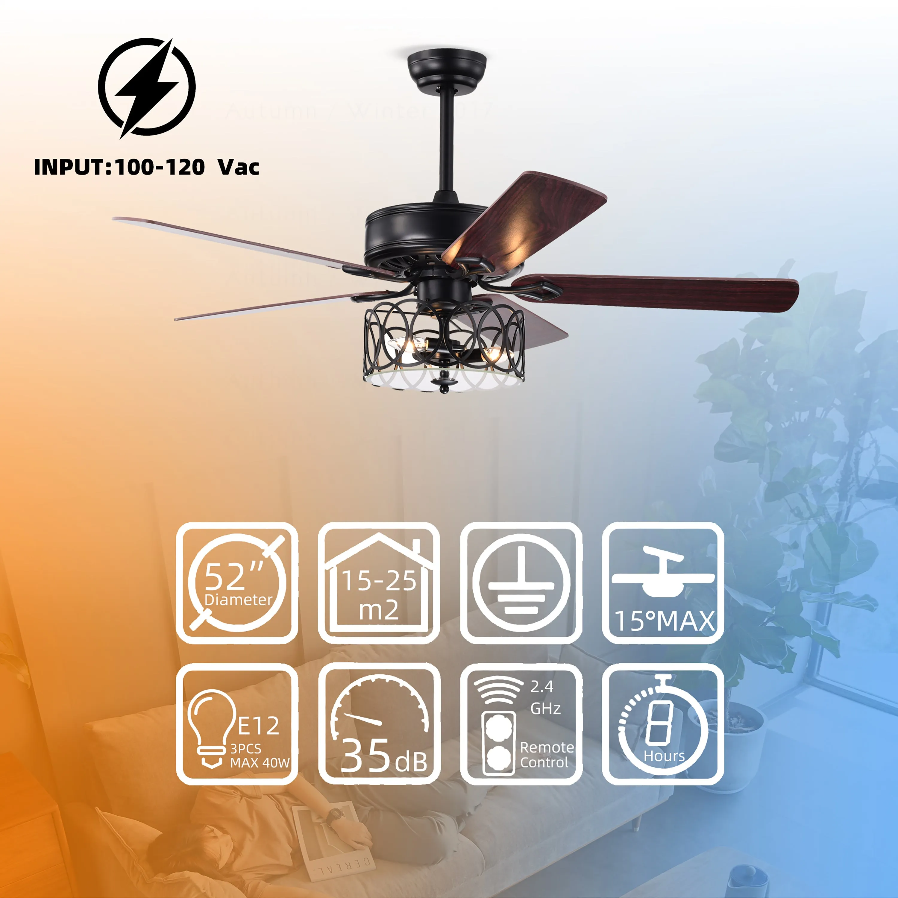 Misty Valley 52in. Ceiling Fan with Light and Remote Control, Ceiling Fan with 5 Blades for Patio Living Room, Bedroom, AC Motor,Industrial style, Matte Black