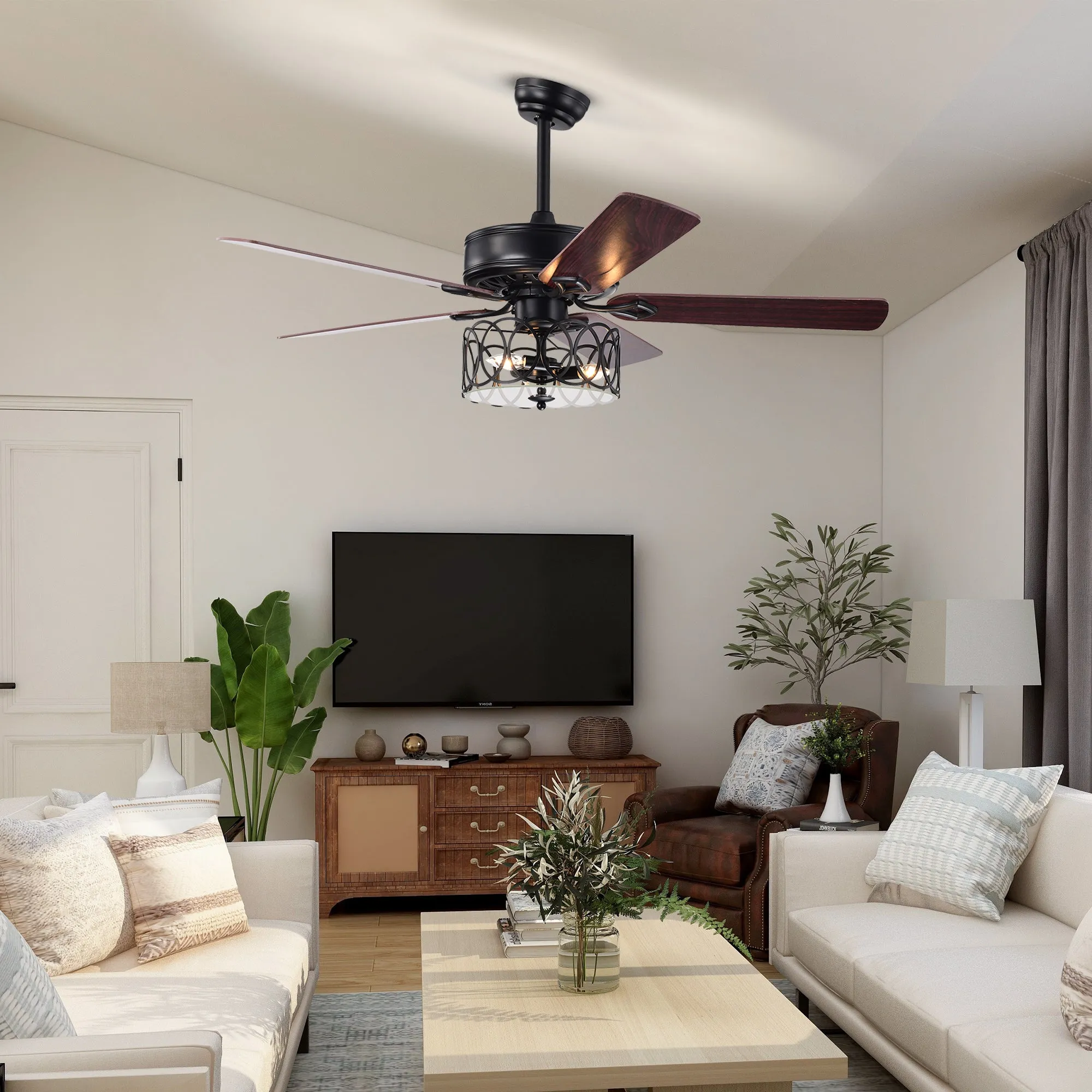 Misty Valley 52in. Ceiling Fan with Light and Remote Control, Ceiling Fan with 5 Blades for Patio Living Room, Bedroom, AC Motor,Industrial style, Matte Black