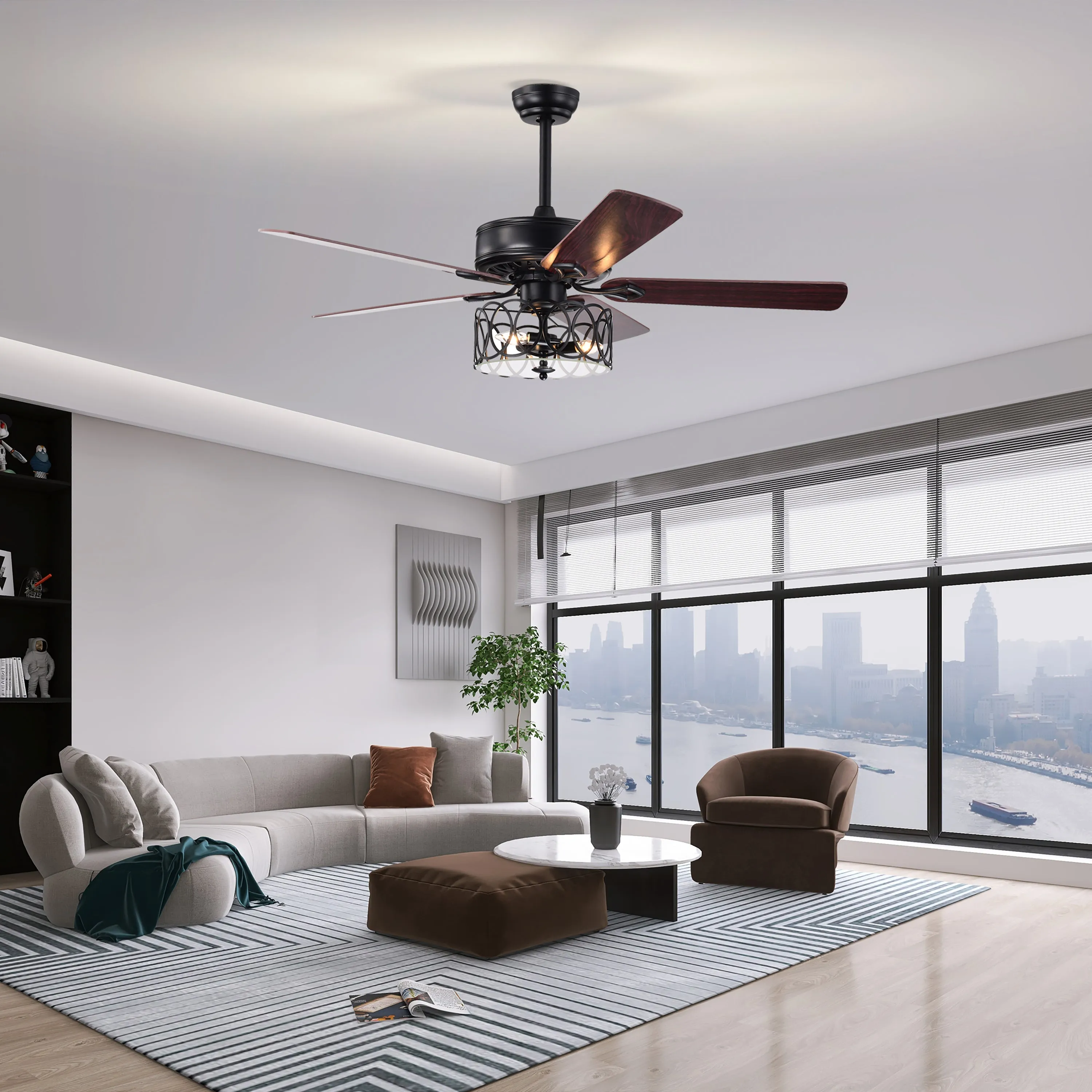 Misty Valley 52in. Ceiling Fan with Light and Remote Control, Ceiling Fan with 5 Blades for Patio Living Room, Bedroom, AC Motor,Industrial style, Matte Black