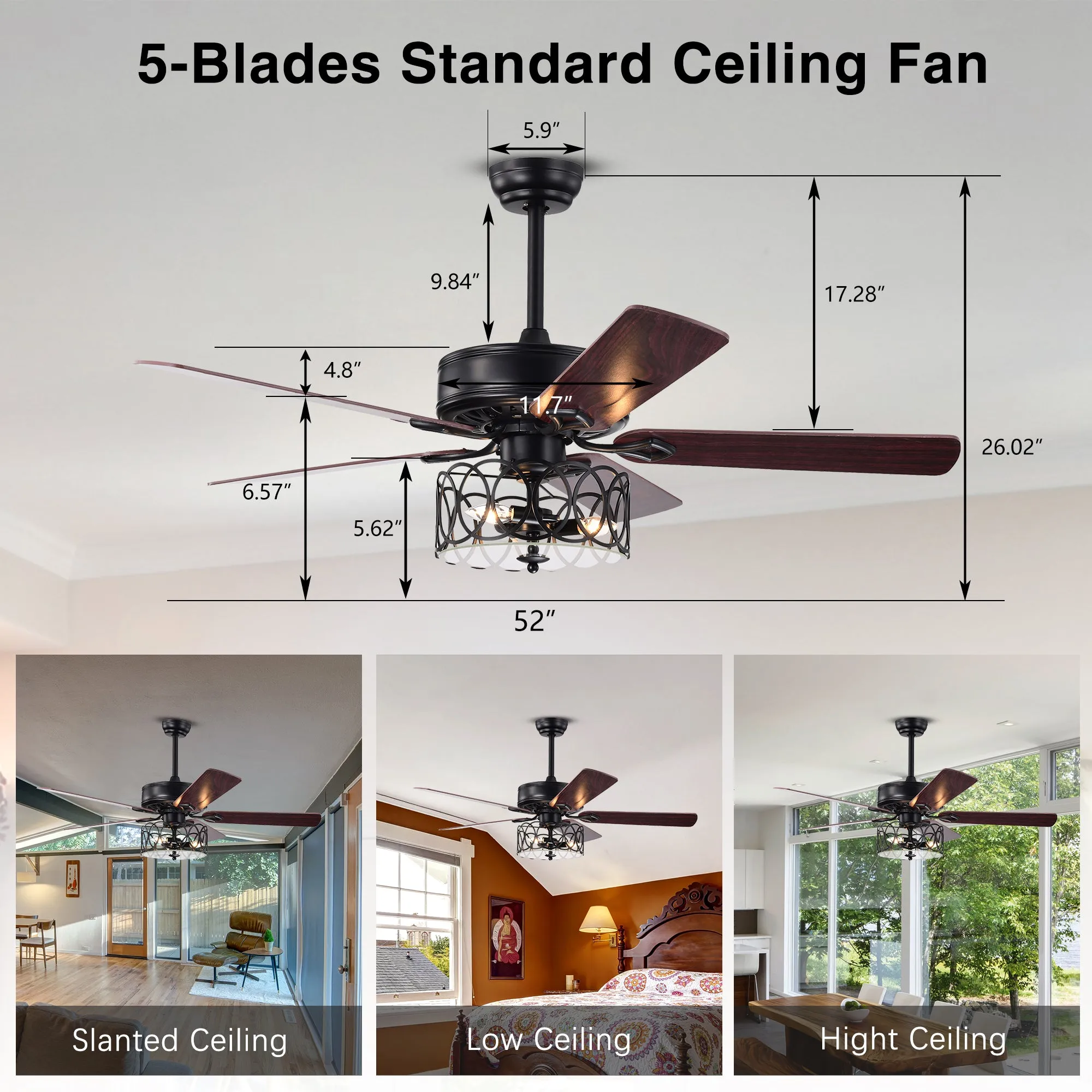 Misty Valley 52in. Ceiling Fan with Light and Remote Control, Ceiling Fan with 5 Blades for Patio Living Room, Bedroom, AC Motor,Industrial style, Matte Black