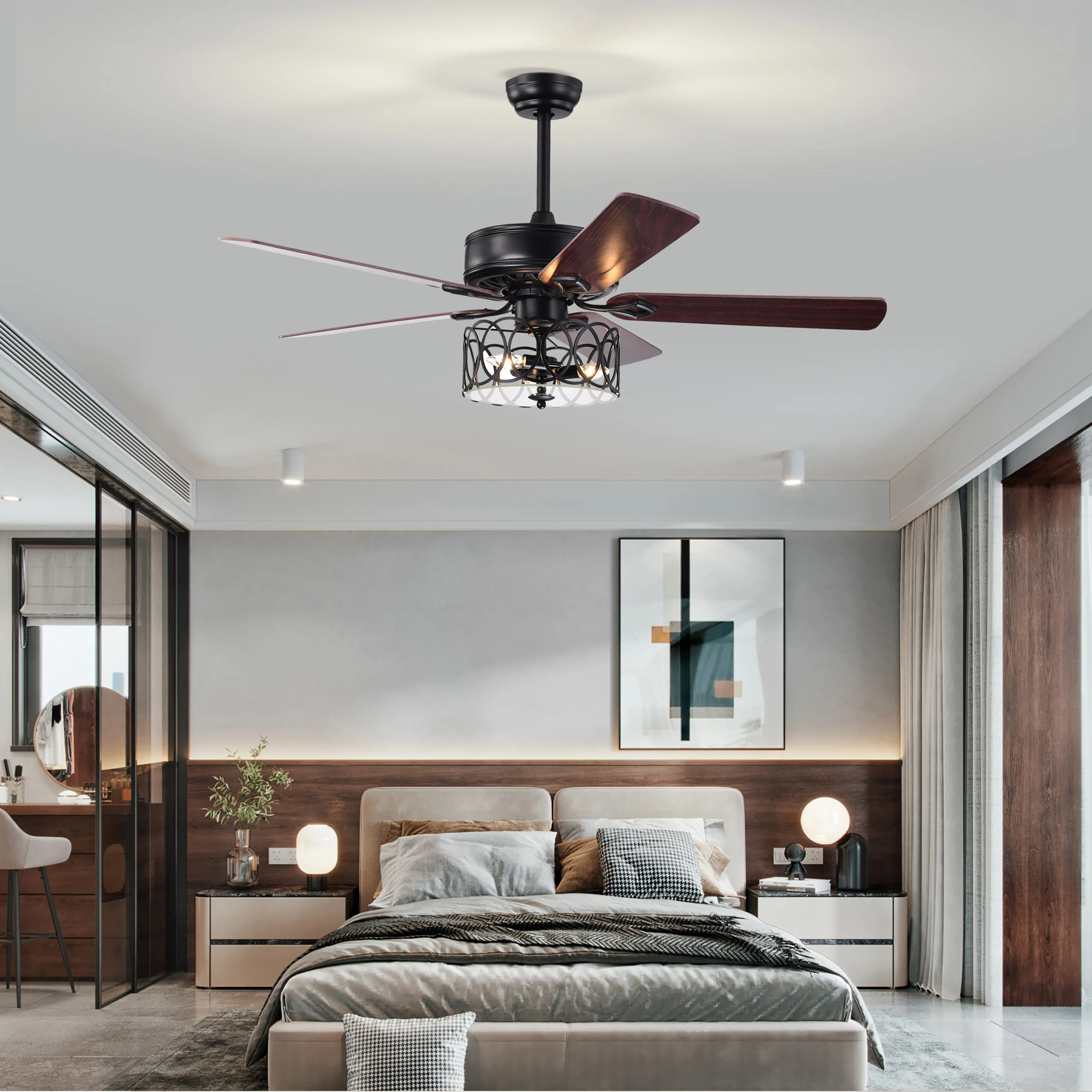 Misty Valley 52in. Ceiling Fan with Light and Remote Control, Ceiling Fan with 5 Blades for Patio Living Room, Bedroom, AC Motor,Industrial style, Matte Black