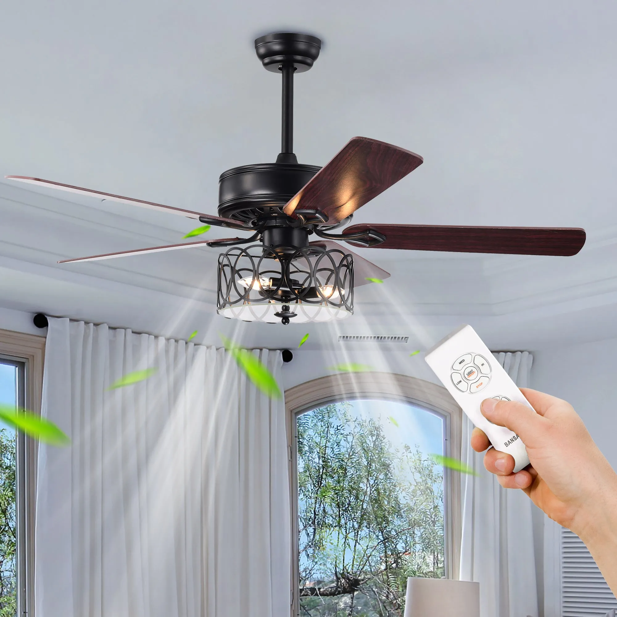 Misty Valley 52in. Ceiling Fan with Light and Remote Control, Ceiling Fan with 5 Blades for Patio Living Room, Bedroom, AC Motor,Industrial style, Matte Black
