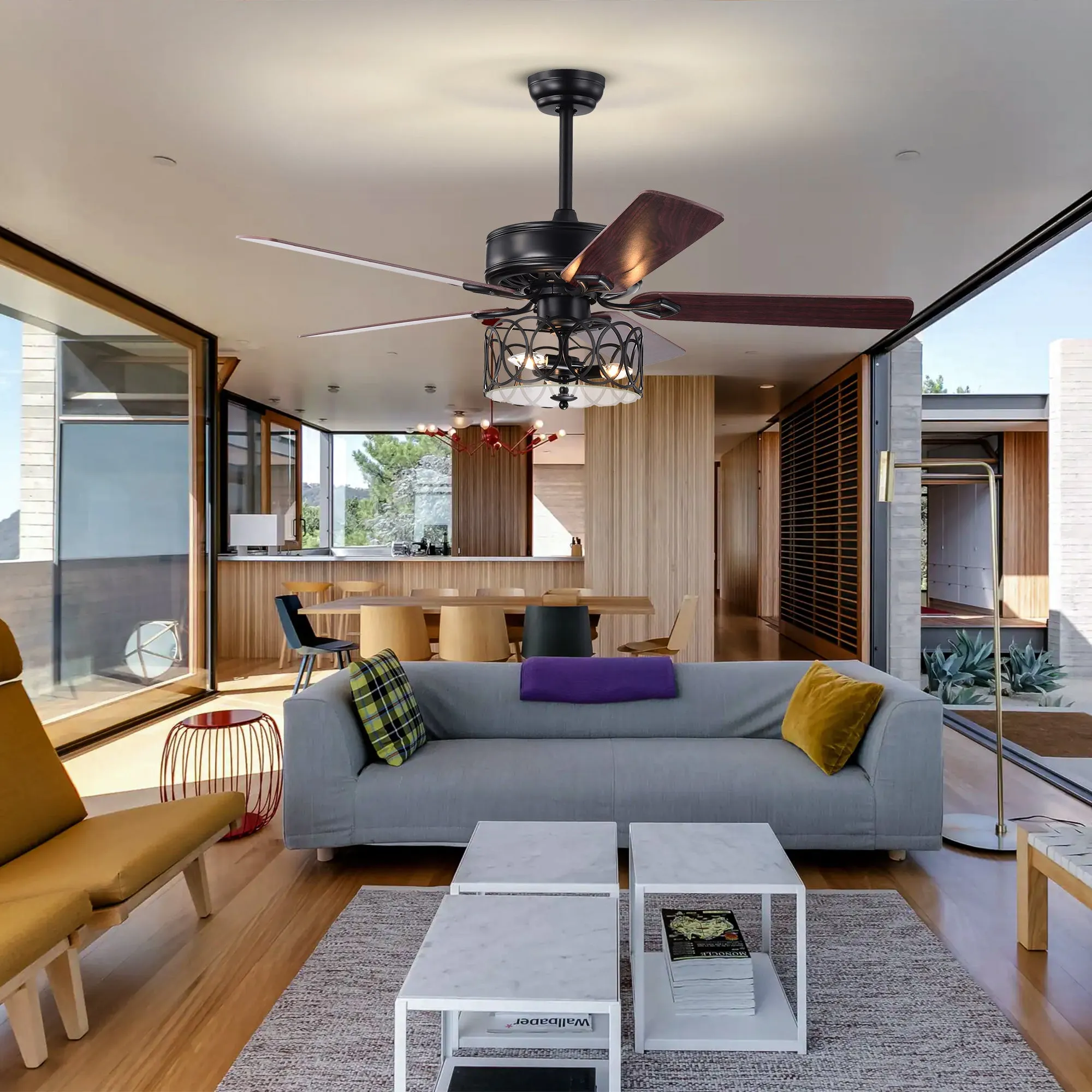 Misty Valley 52in. Ceiling Fan with Light and Remote Control, Ceiling Fan with 5 Blades for Patio Living Room, Bedroom, AC Motor,Industrial style, Matte Black
