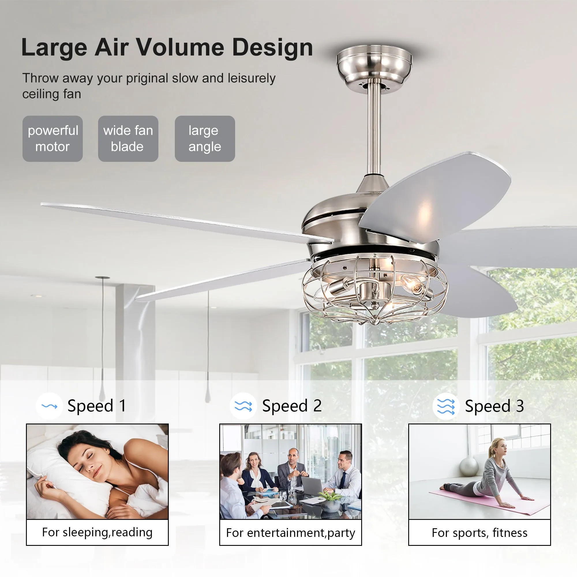 Misty Valley 52in. Industrial Brush Nickel Ceiling Fans with Light,Remote Control Ceiling Fan with for Living Room