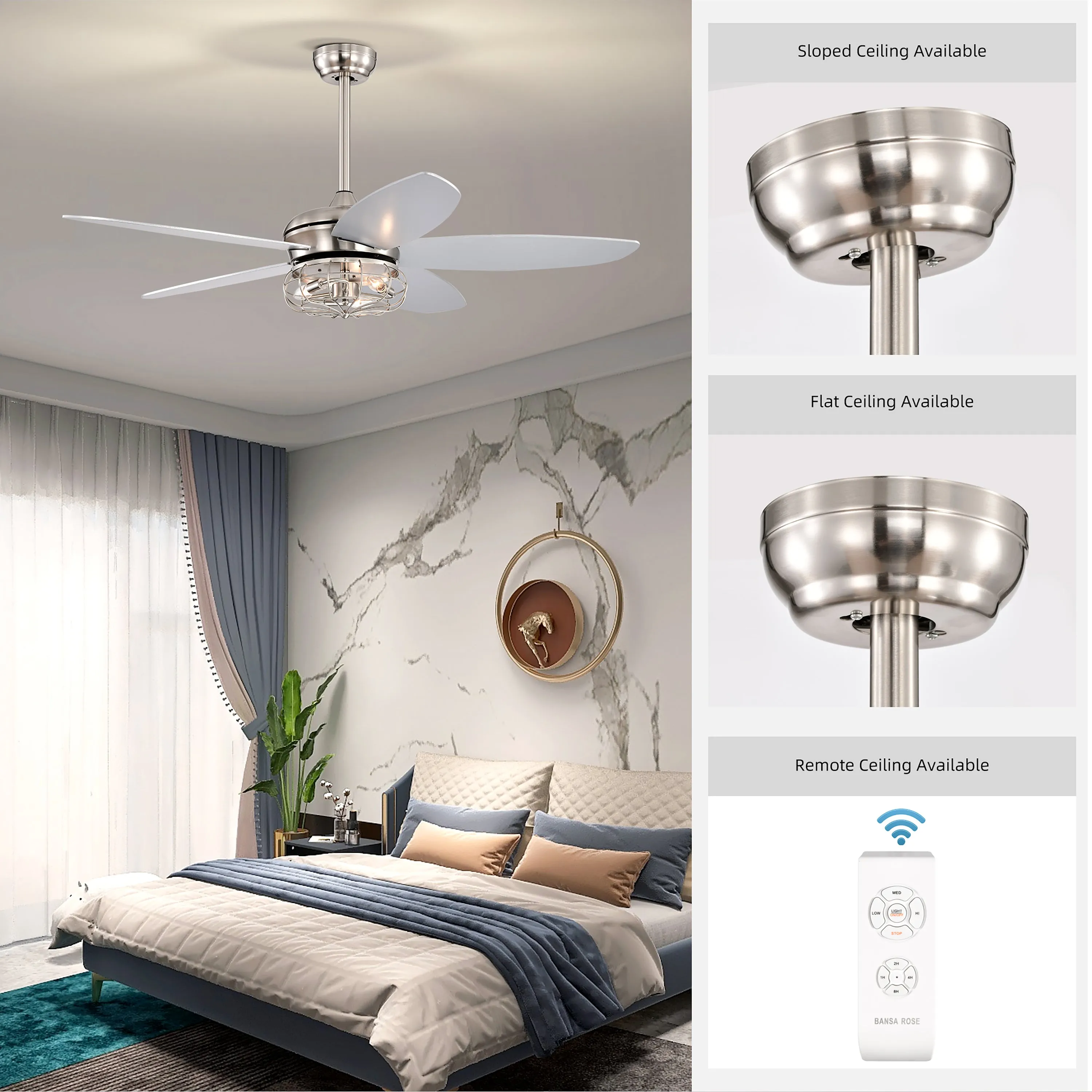 Misty Valley 52in. Industrial Brush Nickel Ceiling Fans with Light,Remote Control Ceiling Fan with for Living Room