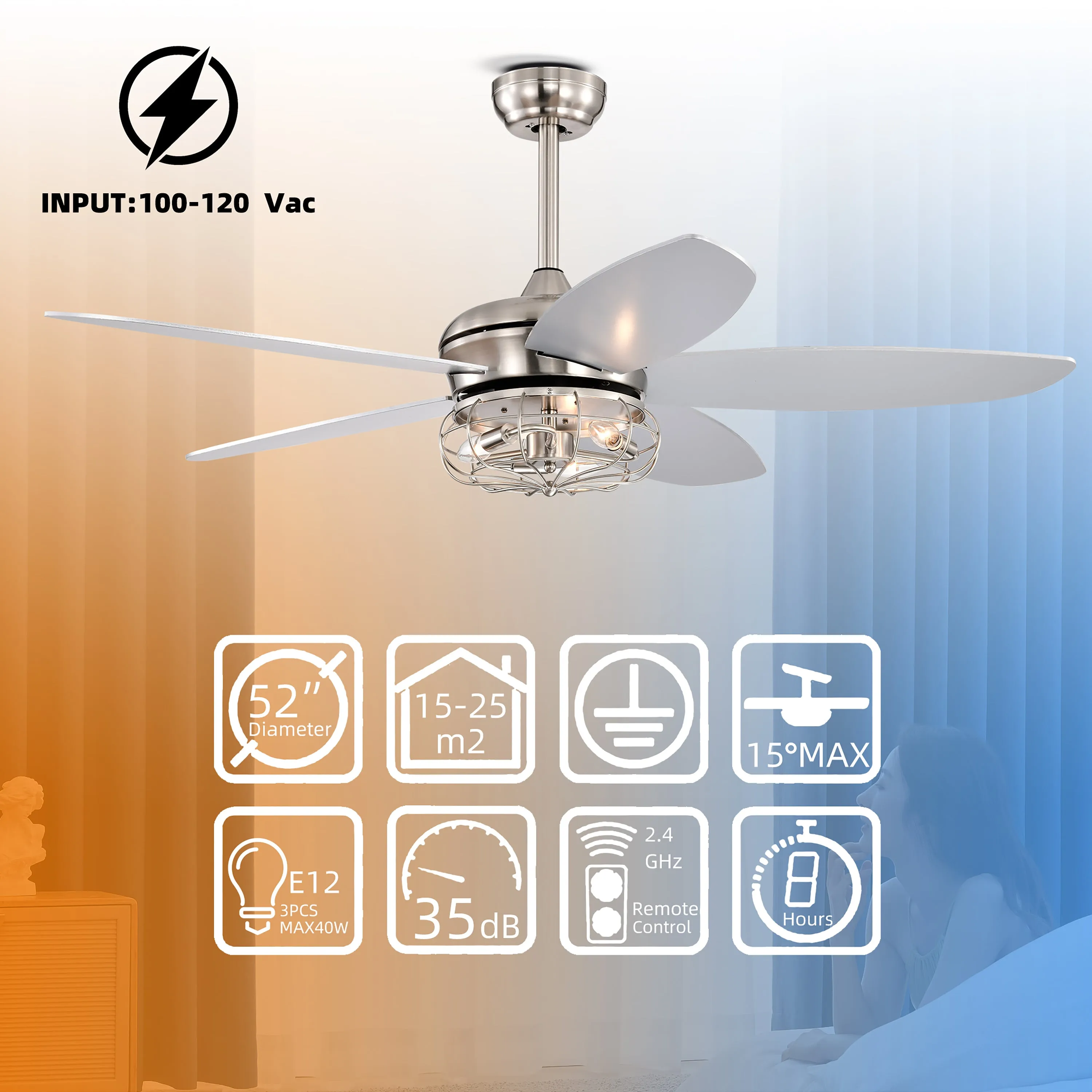 Misty Valley 52in. Industrial Brush Nickel Ceiling Fans with Light,Remote Control Ceiling Fan with for Living Room