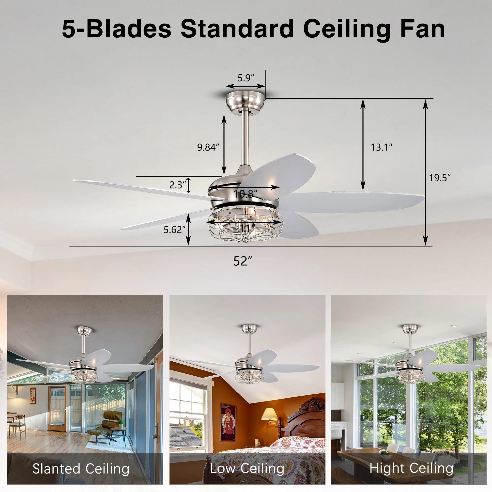 Misty Valley 52in. Industrial Brush Nickel Ceiling Fans with Light,Remote Control Ceiling Fan with for Living Room
