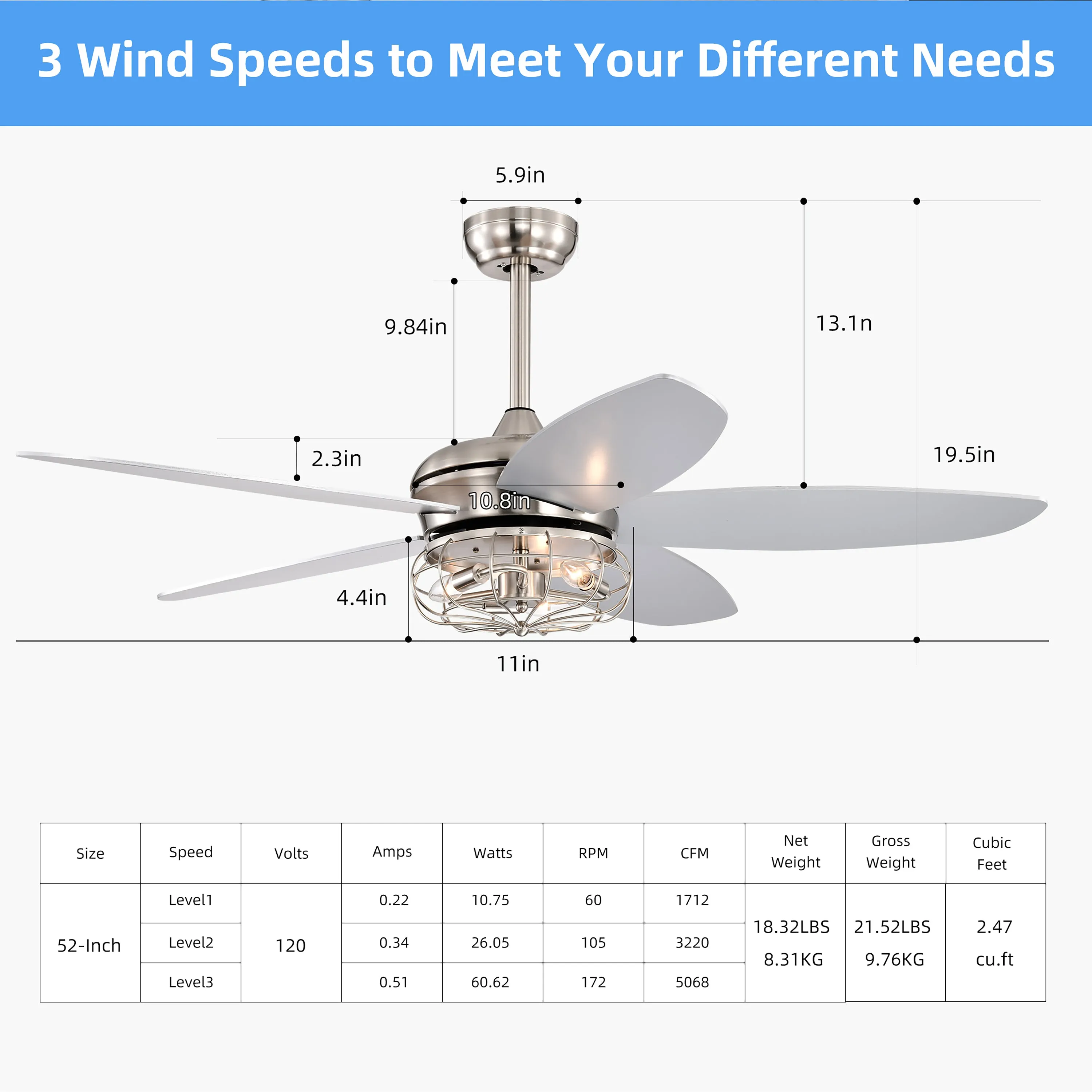 Misty Valley 52in. Industrial Brush Nickel Ceiling Fans with Light,Remote Control Ceiling Fan with for Living Room