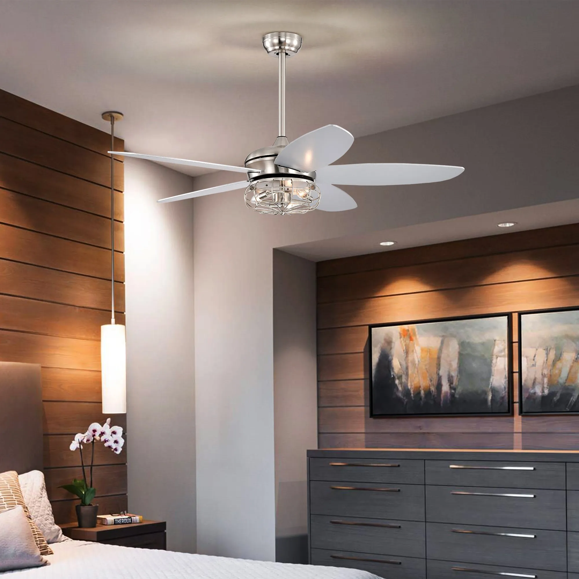 Misty Valley 52in. Industrial Brush Nickel Ceiling Fans with Light,Remote Control Ceiling Fan with for Living Room