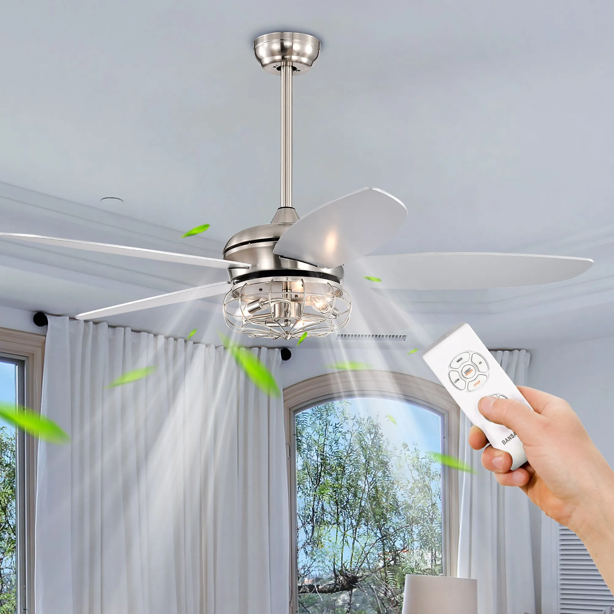 Misty Valley 52in. Industrial Brush Nickel Ceiling Fans with Light,Remote Control Ceiling Fan with for Living Room
