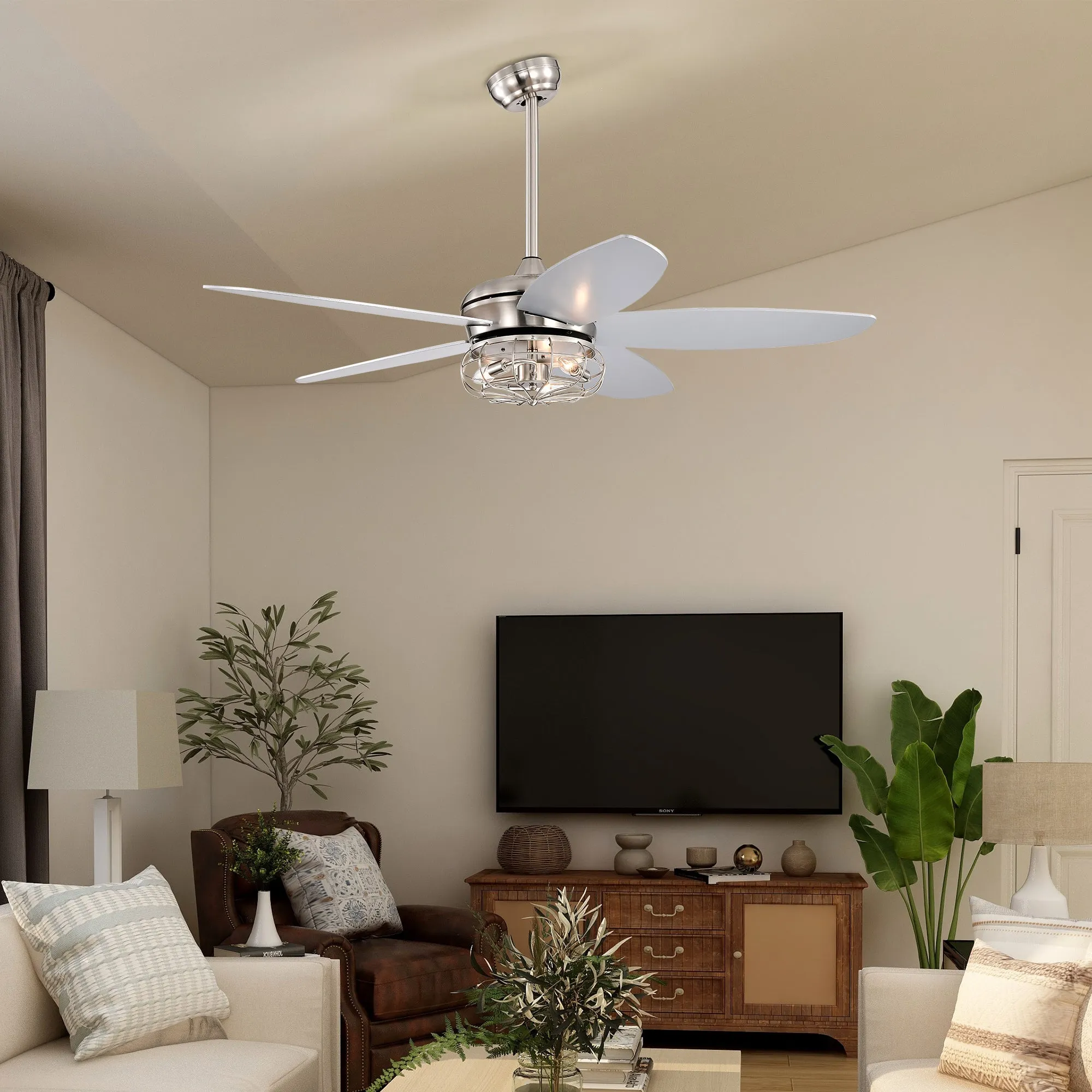 Misty Valley 52in. Industrial Brush Nickel Ceiling Fans with Light,Remote Control Ceiling Fan with for Living Room