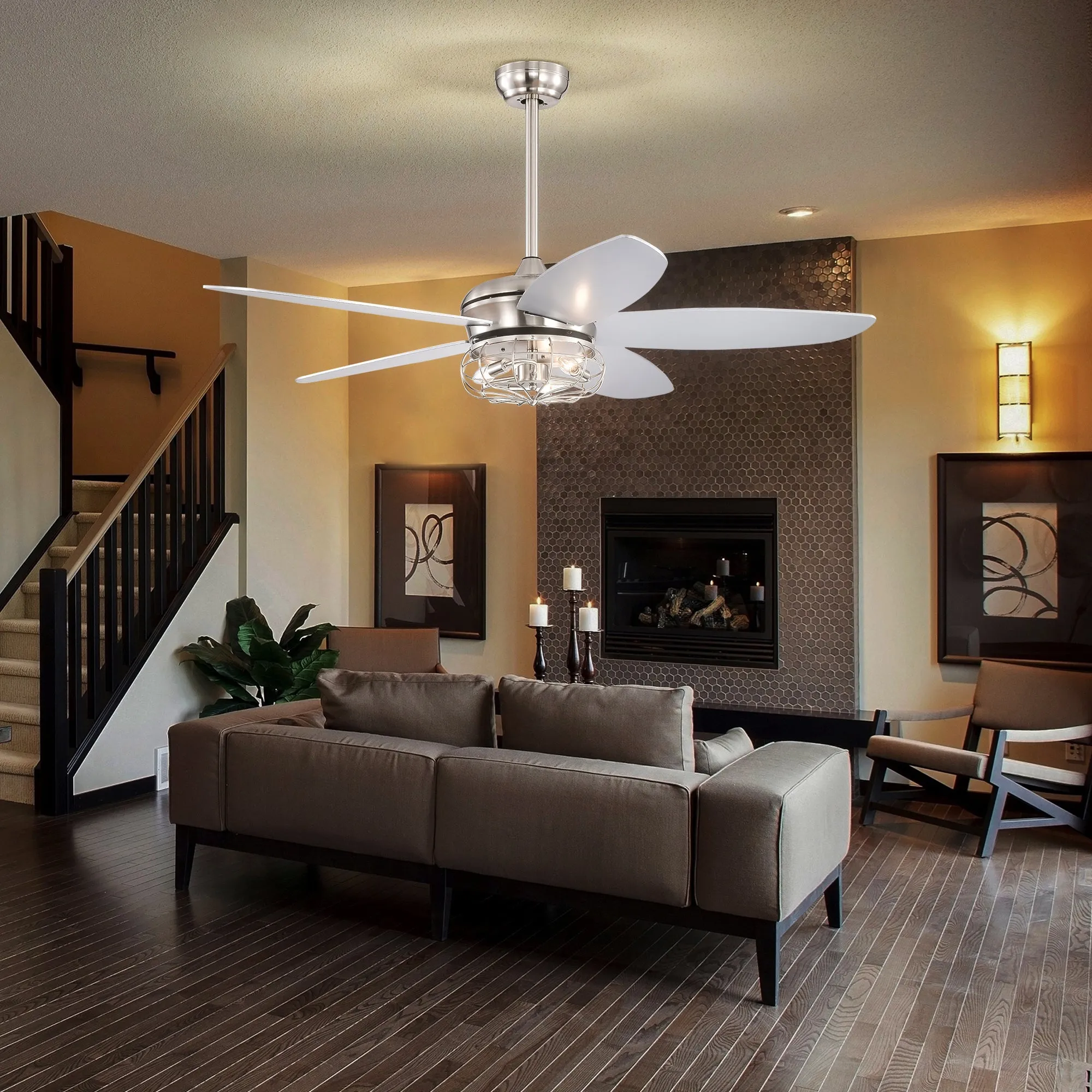 Misty Valley 52in. Industrial Brush Nickel Ceiling Fans with Light,Remote Control Ceiling Fan with for Living Room