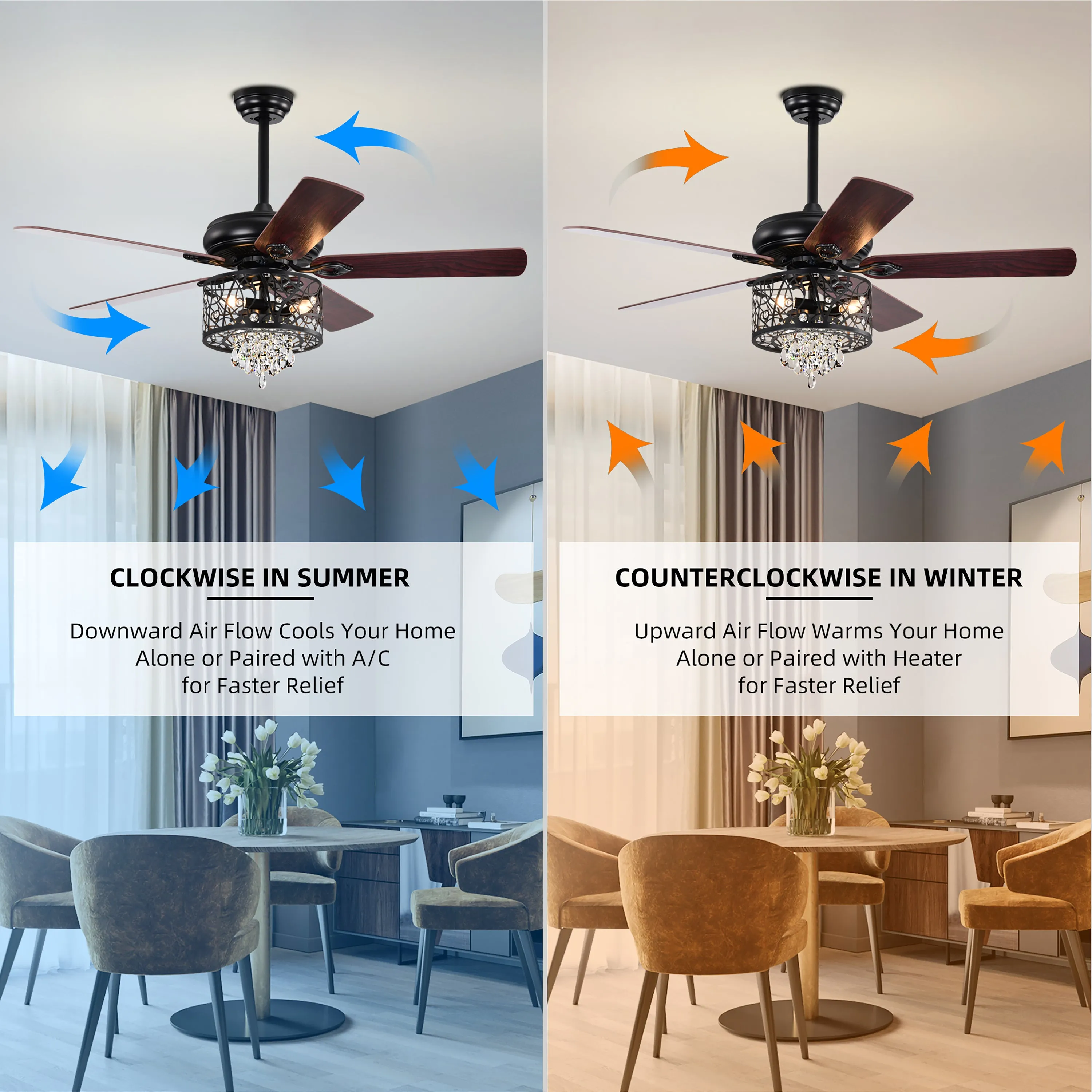 Misty Valley 52in. Modern Glam Crystal Matte Black Reversible Ceiling Fan with Light