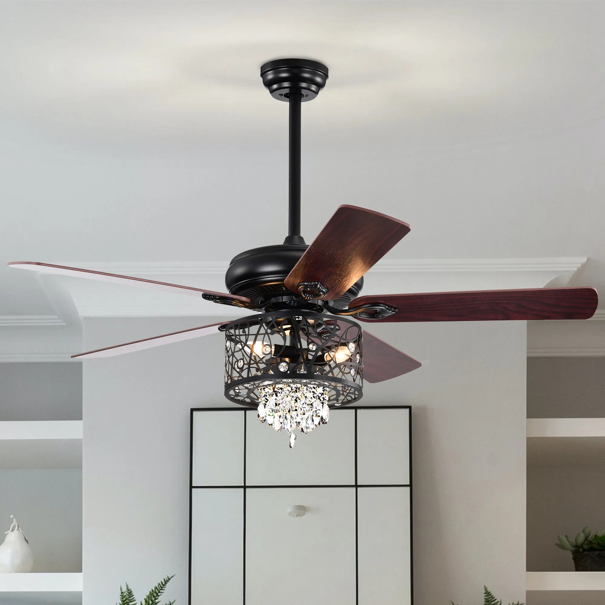 Misty Valley 52in. Modern Glam Crystal Matte Black Reversible Ceiling Fan with Light