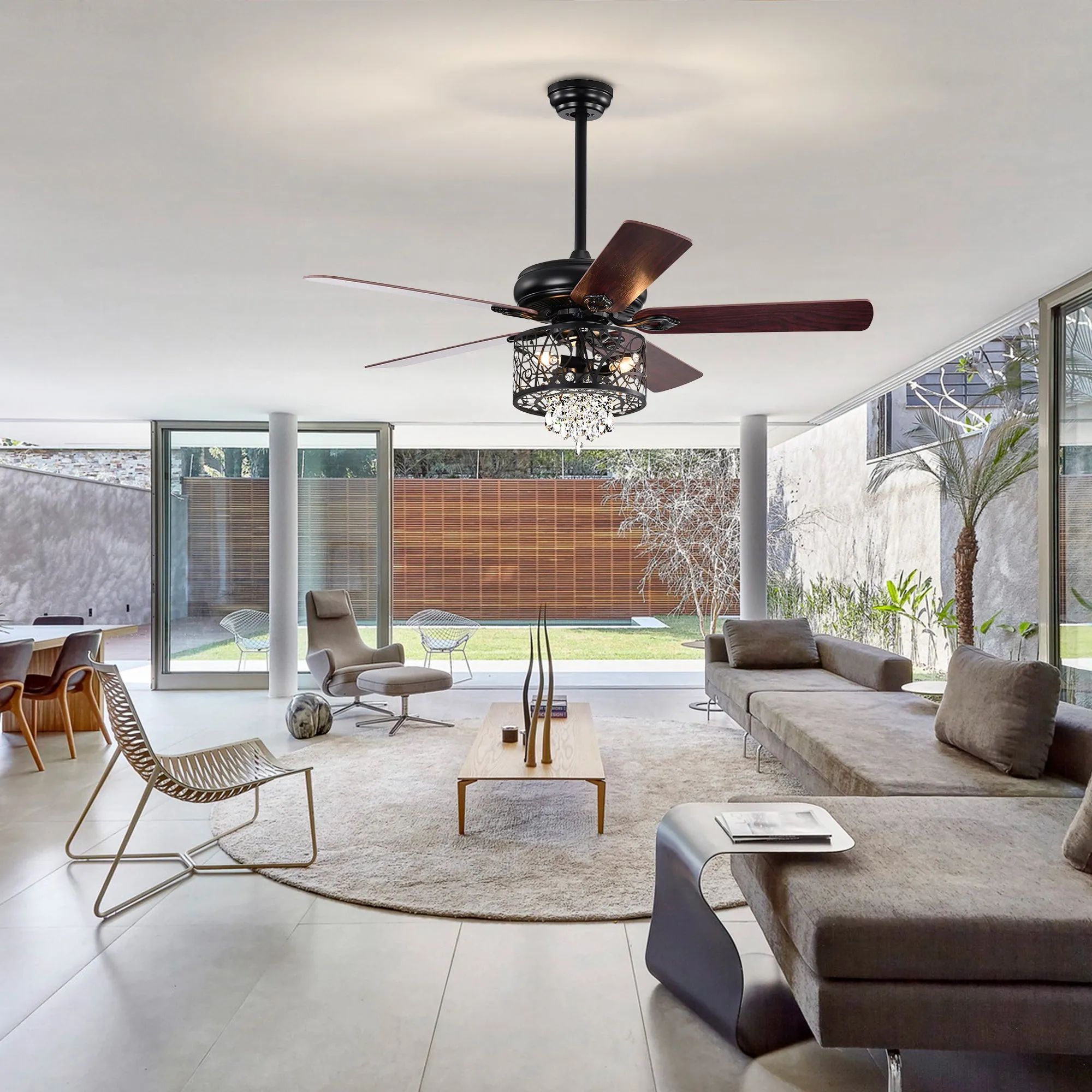 Misty Valley 52in. Modern Glam Crystal Matte Black Reversible Ceiling Fan with Light