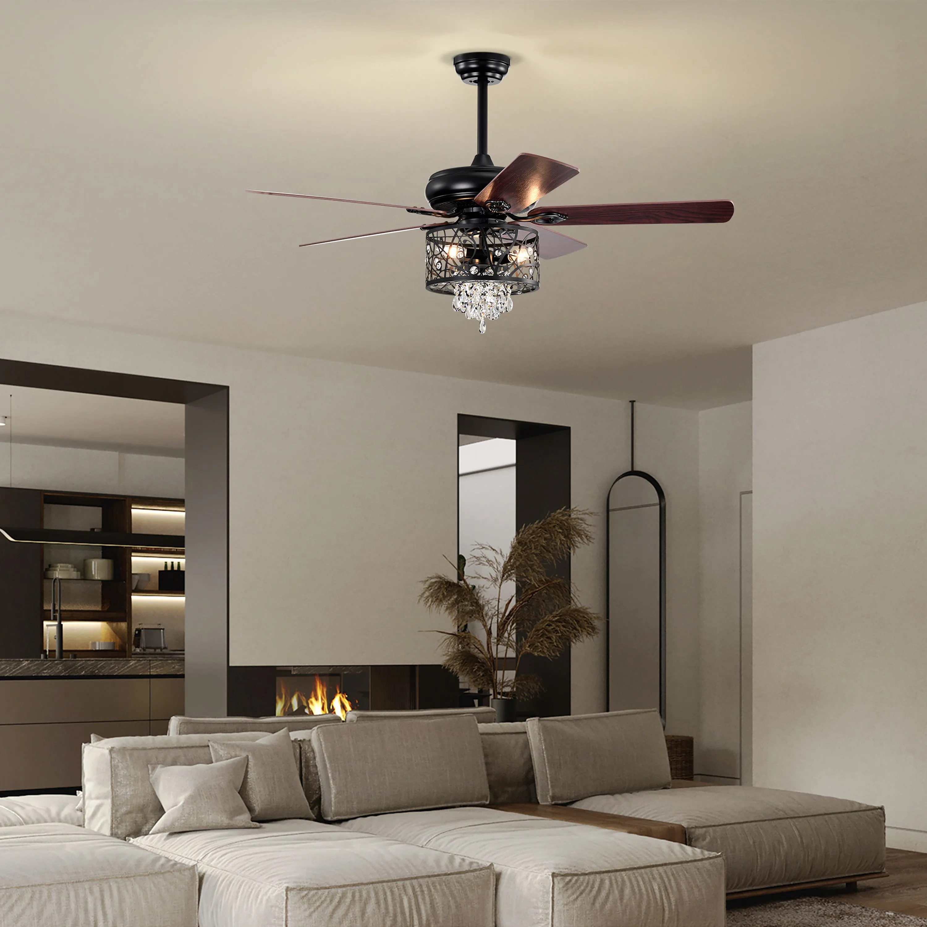 Misty Valley 52in. Modern Glam Crystal Matte Black Reversible Ceiling Fan with Light