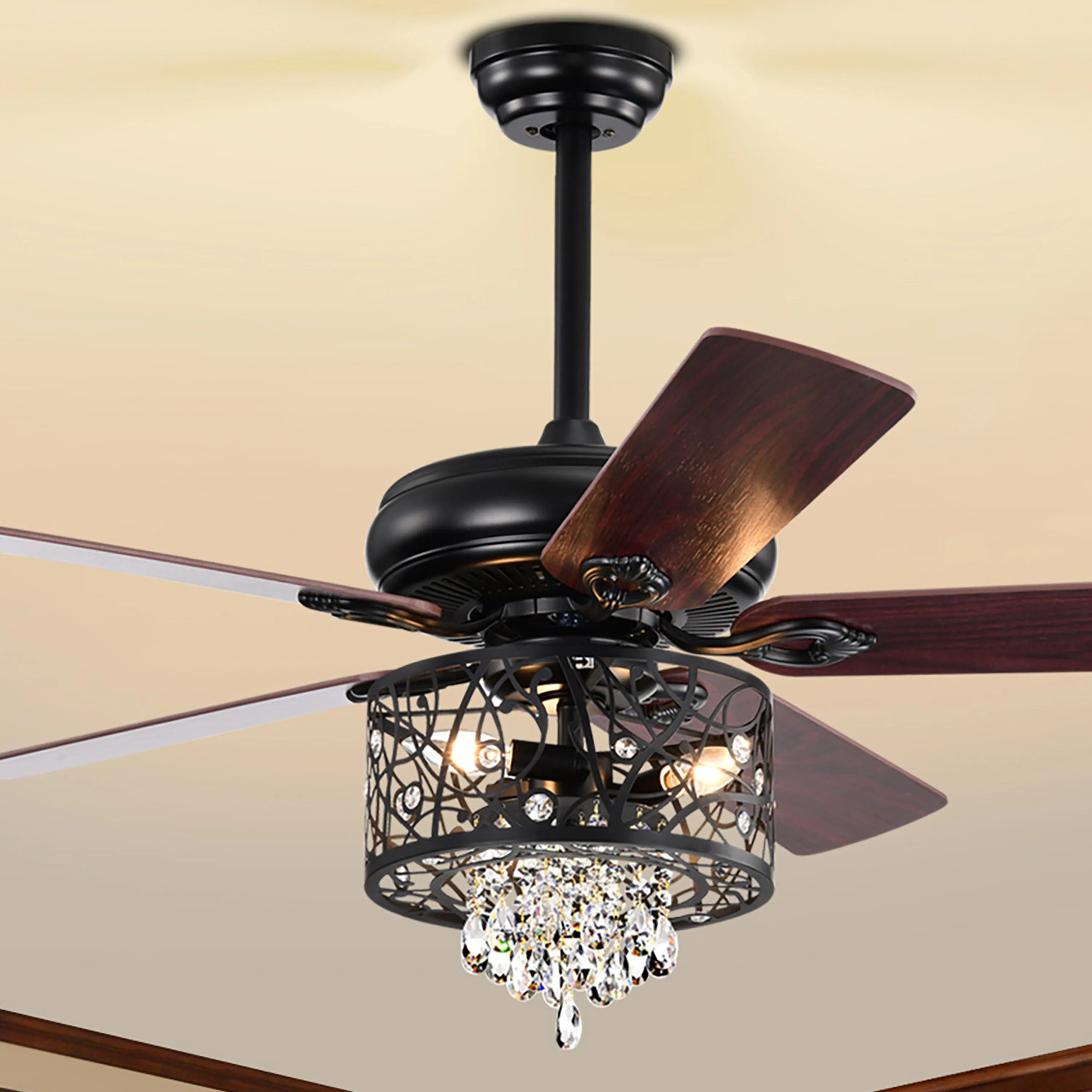 Misty Valley 52in. Modern Glam Crystal Matte Black Reversible Ceiling Fan with Light