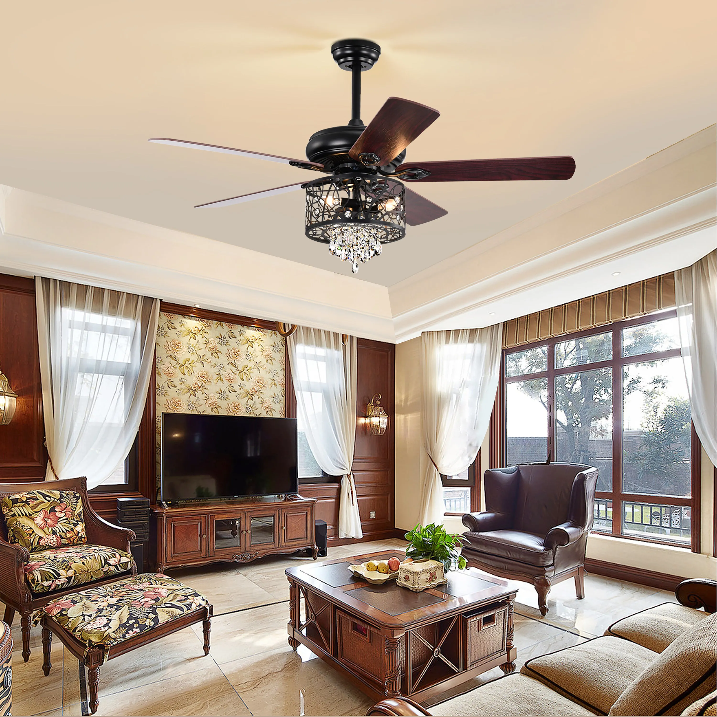 Misty Valley 52in. Modern Glam Crystal Matte Black Reversible Ceiling Fan with Light