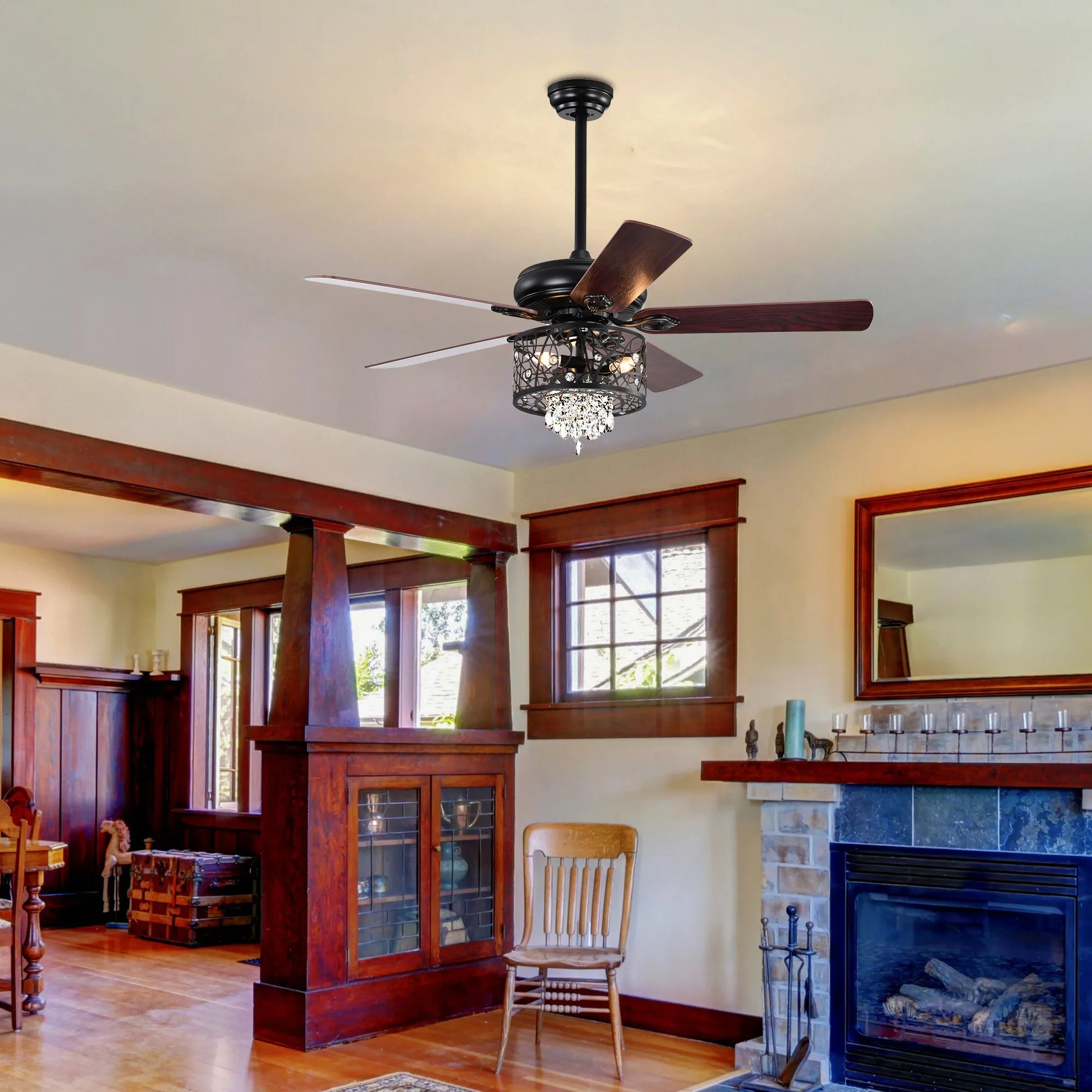 Misty Valley 52in. Modern Glam Crystal Matte Black Reversible Ceiling Fan with Light