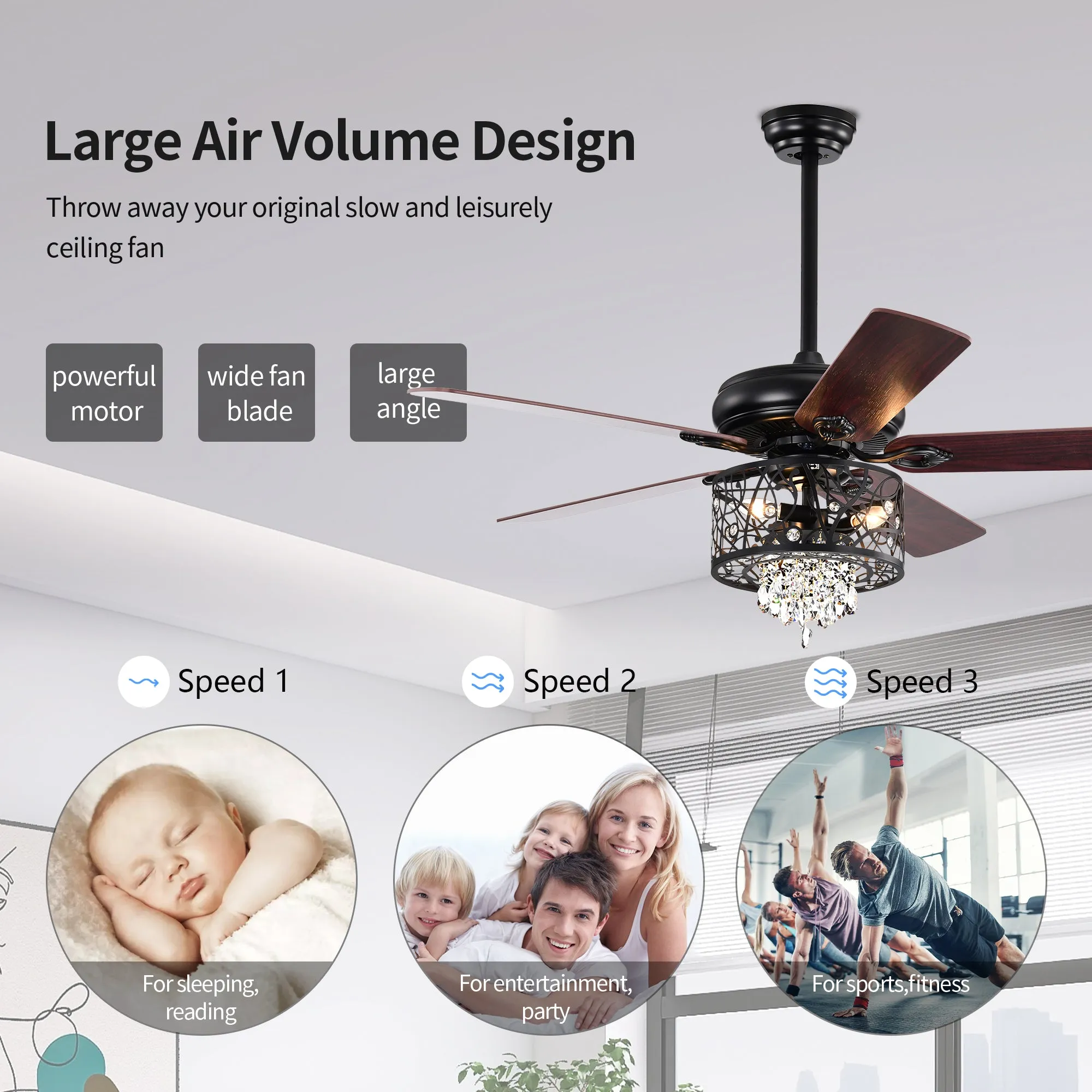 Misty Valley 52in. Modern Glam Crystal Matte Black Reversible Ceiling Fan with Light