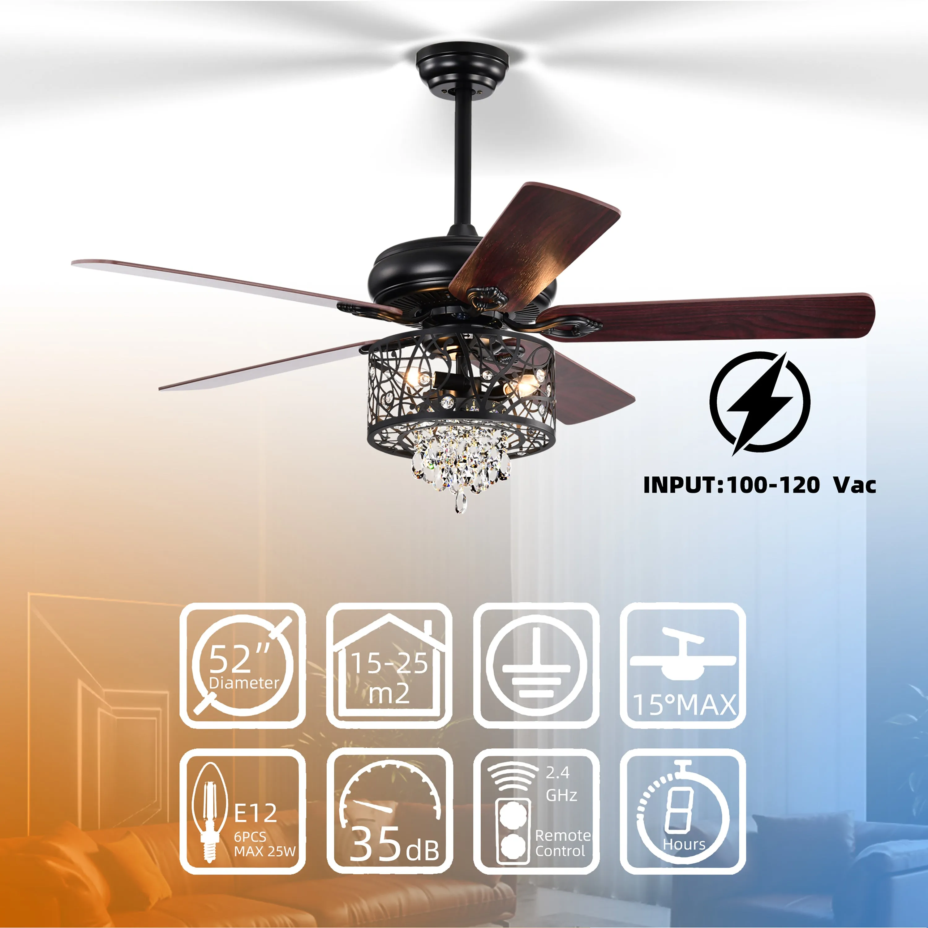 Misty Valley 52in. Modern Glam Crystal Matte Black Reversible Ceiling Fan with Light