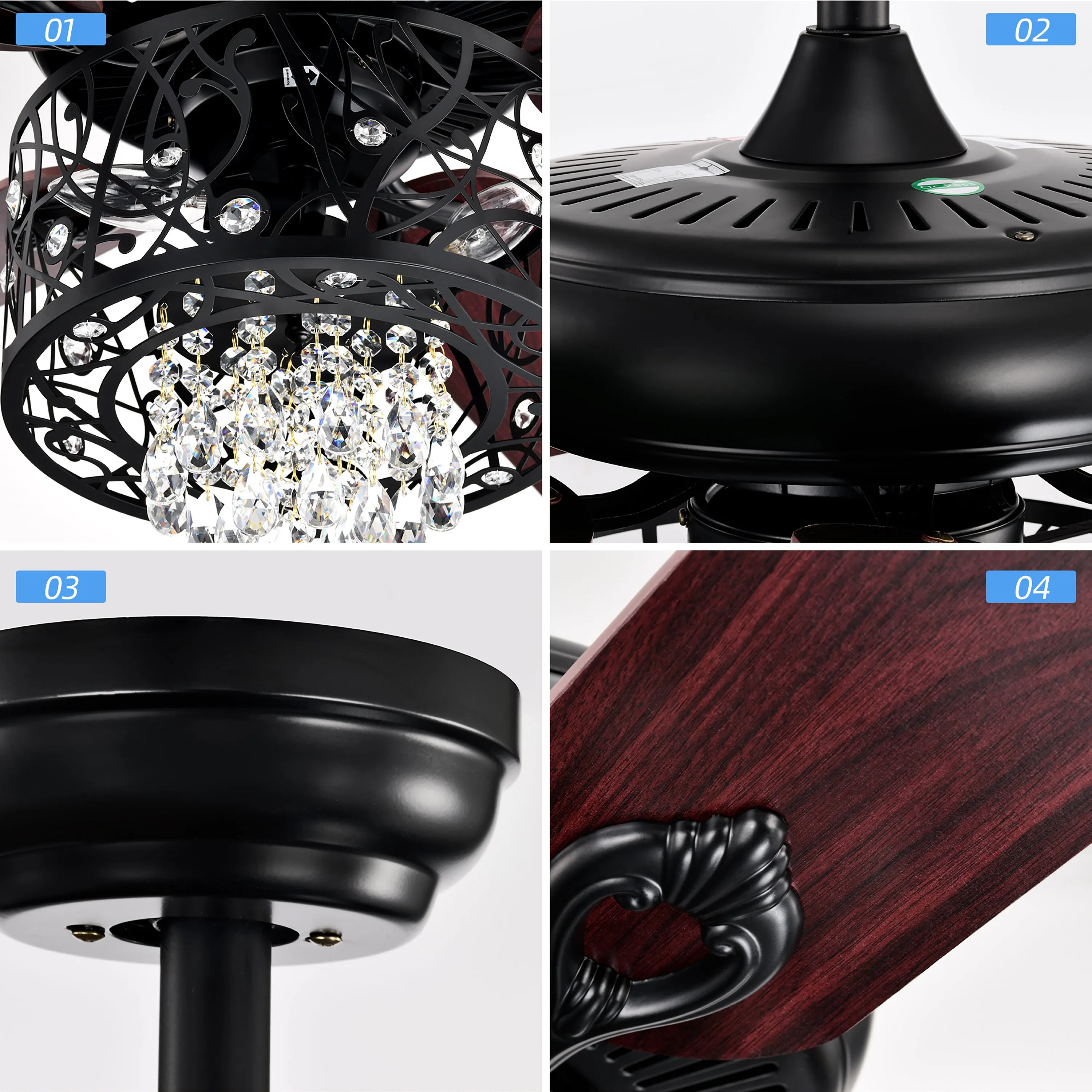 Misty Valley 52in. Modern Glam Crystal Matte Black Reversible Ceiling Fan with Light