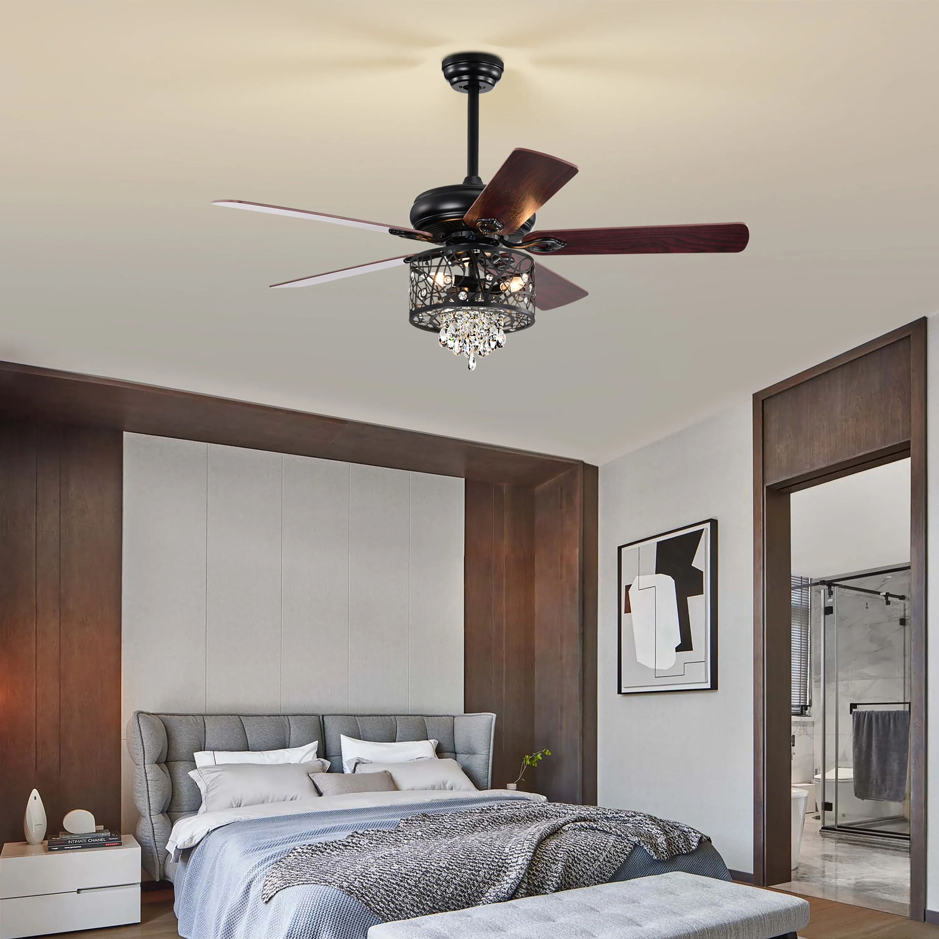 Misty Valley 52in. Modern Glam Crystal Matte Black Reversible Ceiling Fan with Light