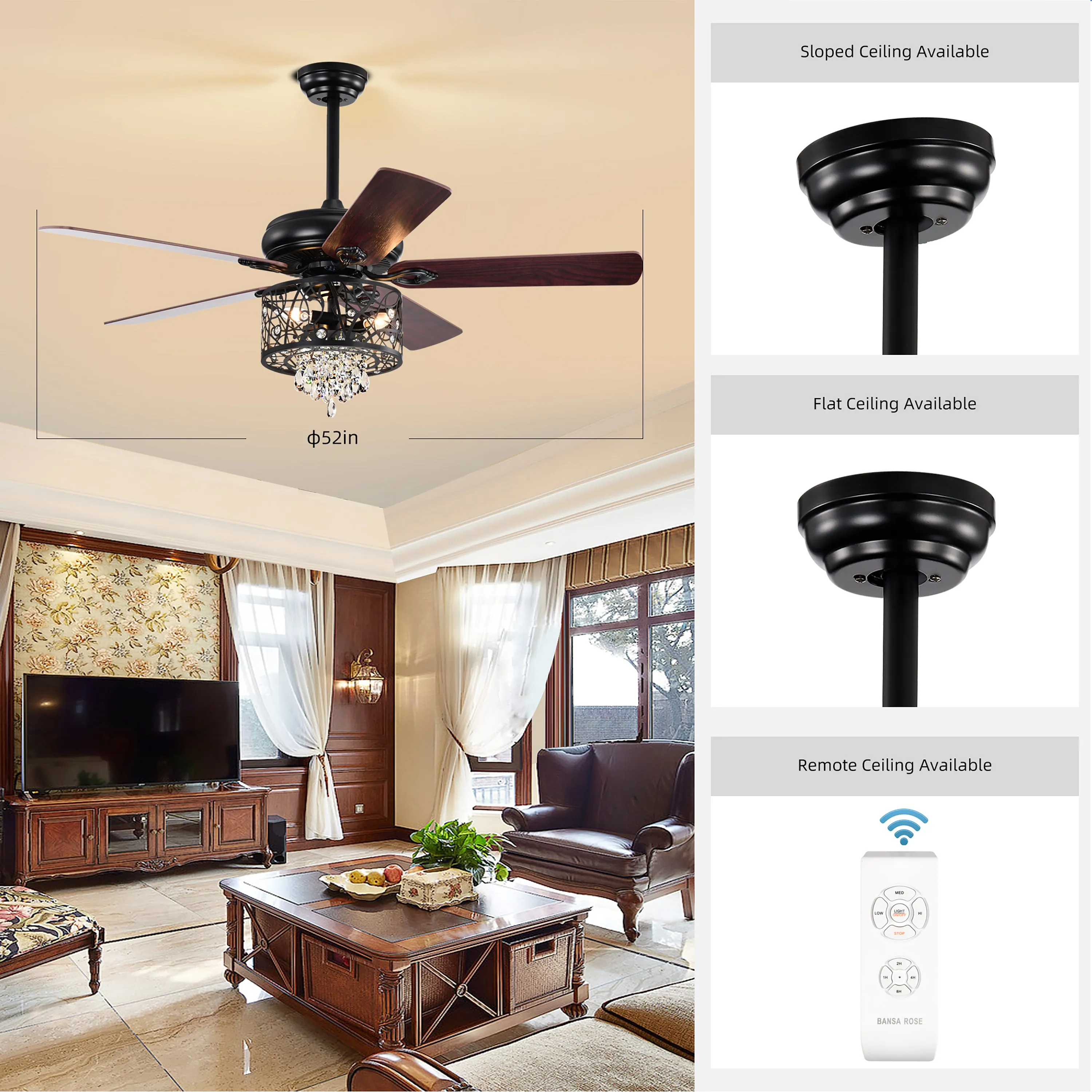 Misty Valley 52in. Modern Glam Crystal Matte Black Reversible Ceiling Fan with Light
