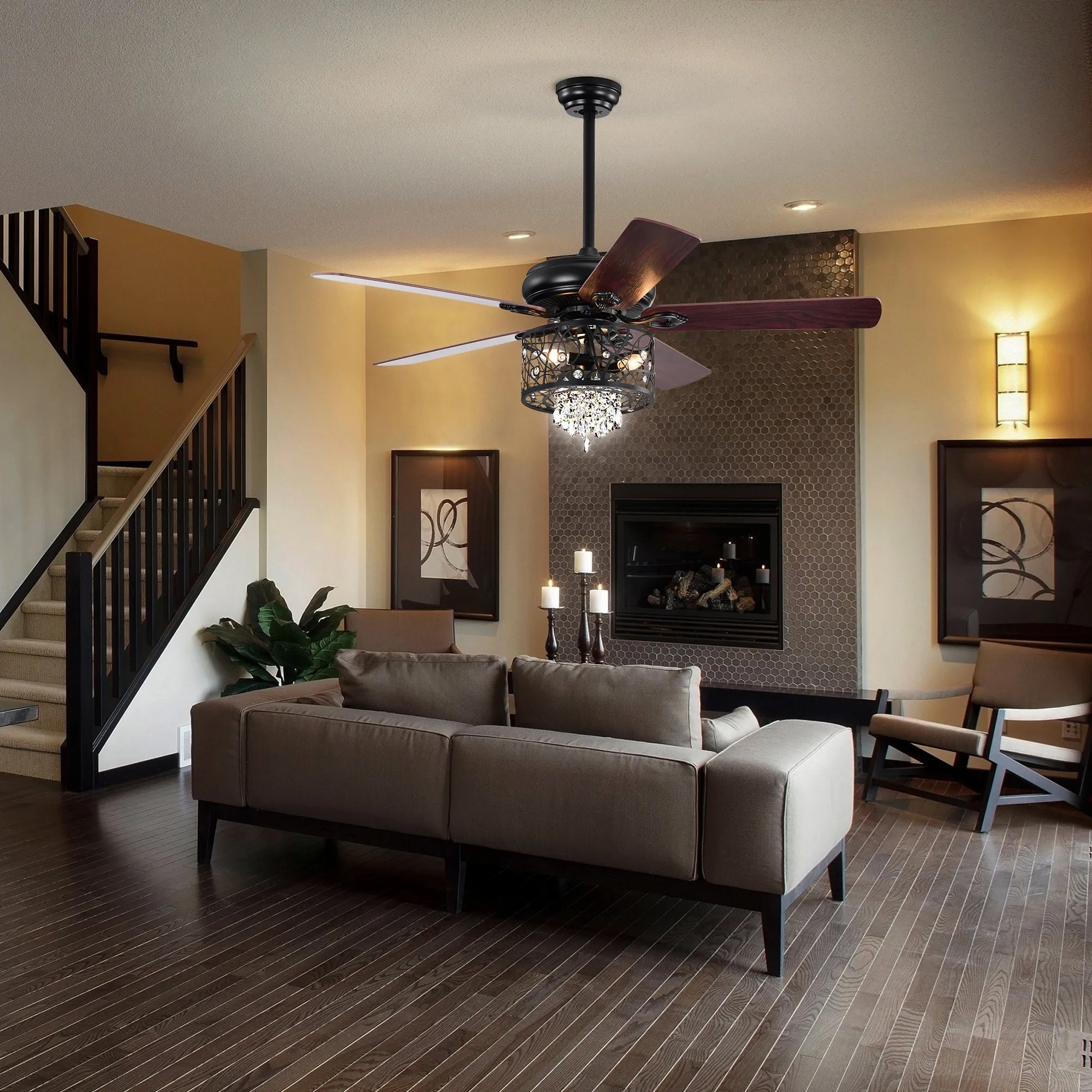 Misty Valley 52in. Modern Glam Crystal Matte Black Reversible Ceiling Fan with Light