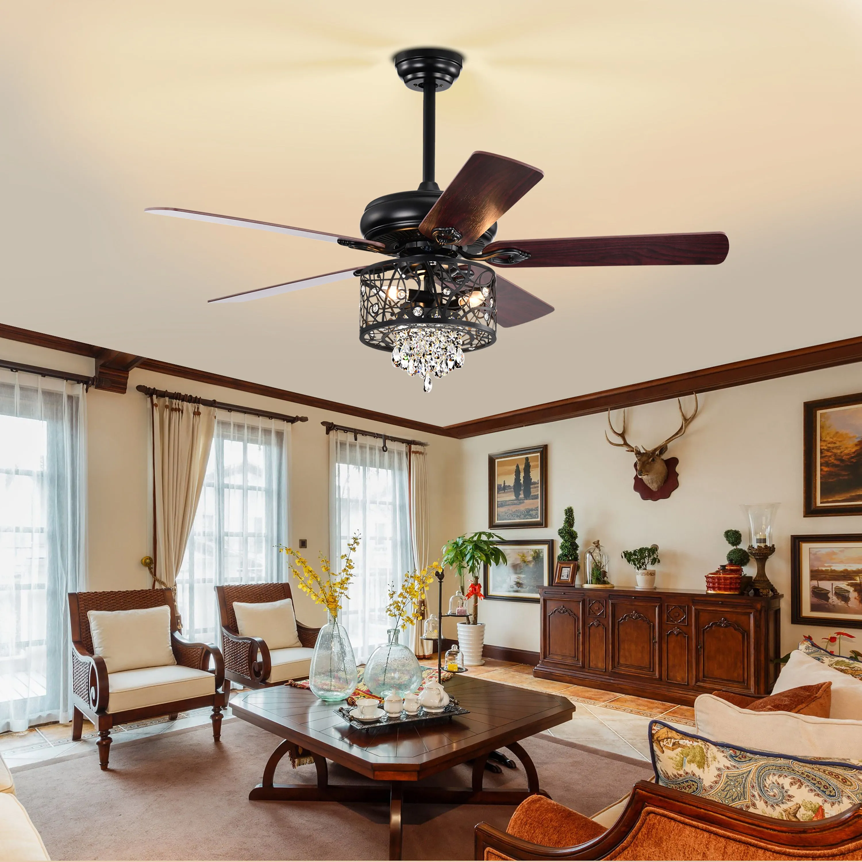 Misty Valley 52in. Modern Glam Crystal Matte Black Reversible Ceiling Fan with Light