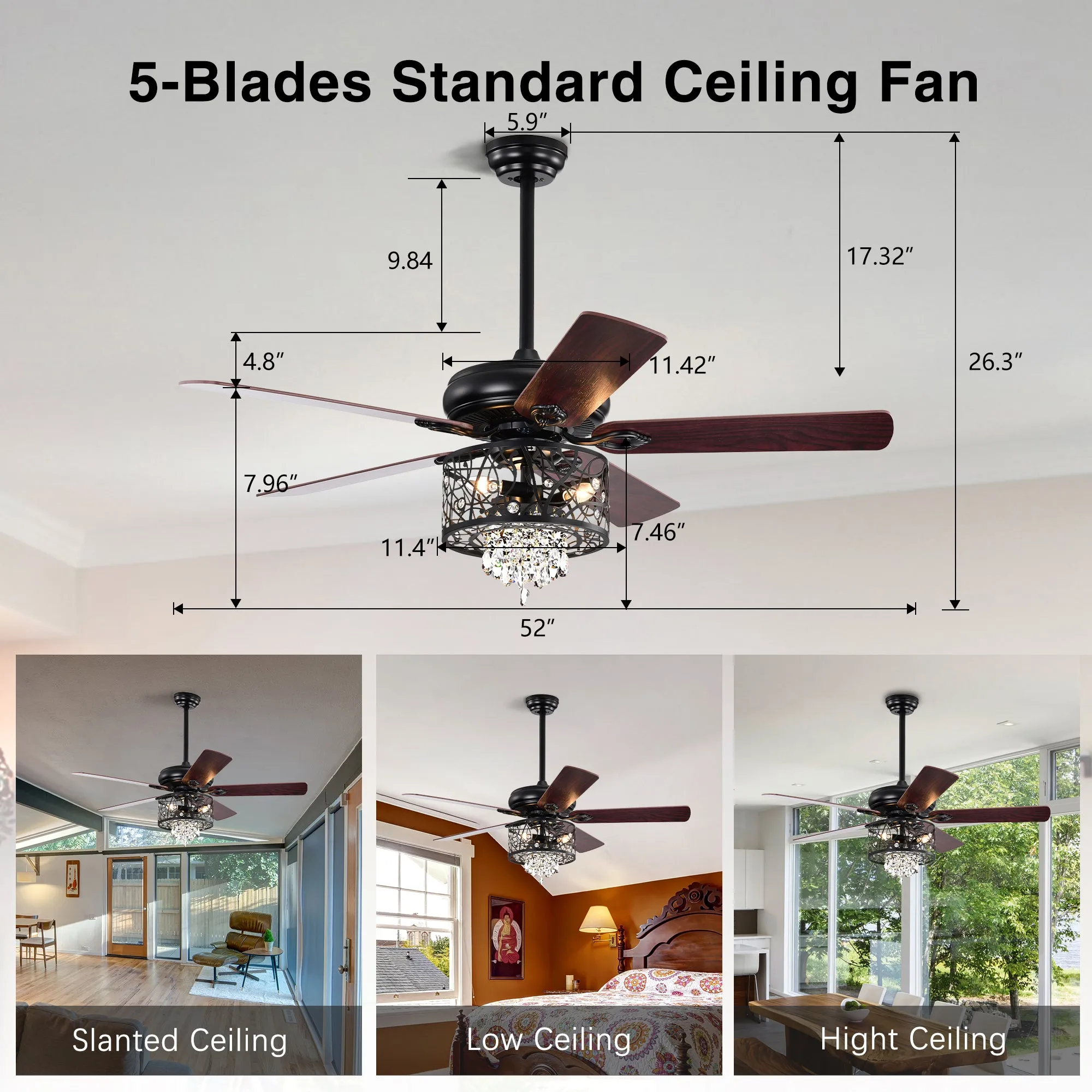 Misty Valley 52in. Modern Glam Crystal Matte Black Reversible Ceiling Fan with Light