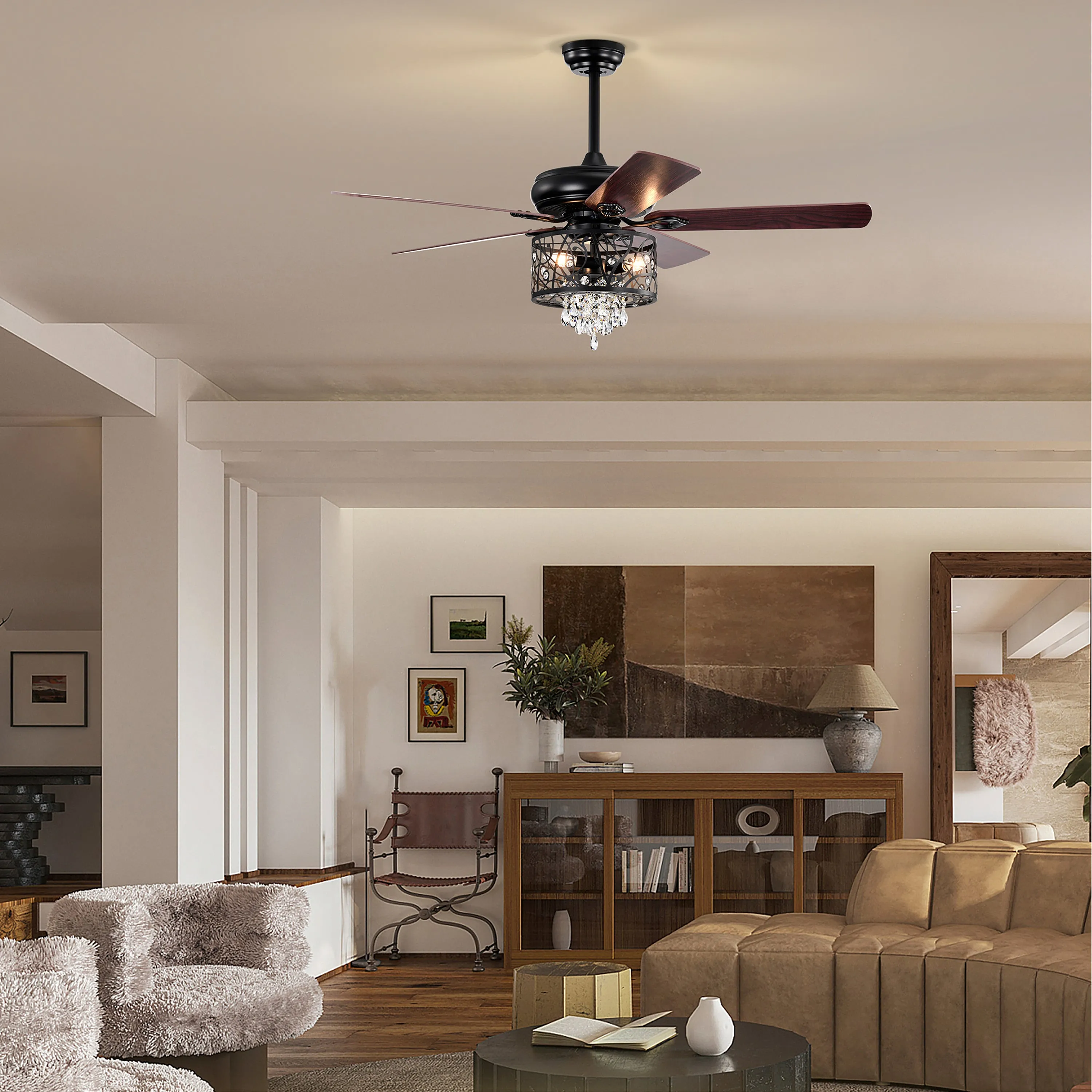 Misty Valley 52in. Modern Glam Crystal Matte Black Reversible Ceiling Fan with Light
