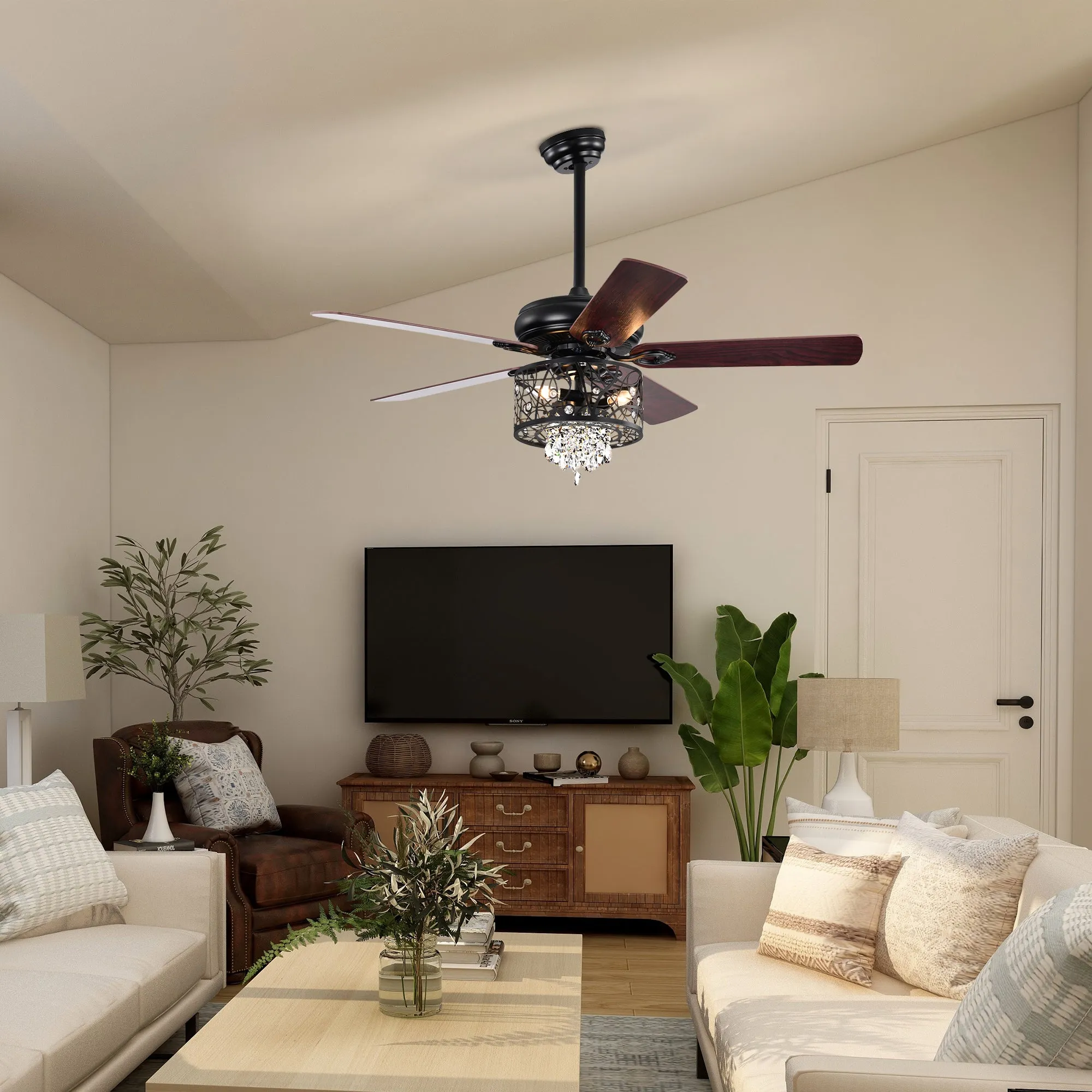 Misty Valley 52in. Modern Glam Crystal Matte Black Reversible Ceiling Fan with Light