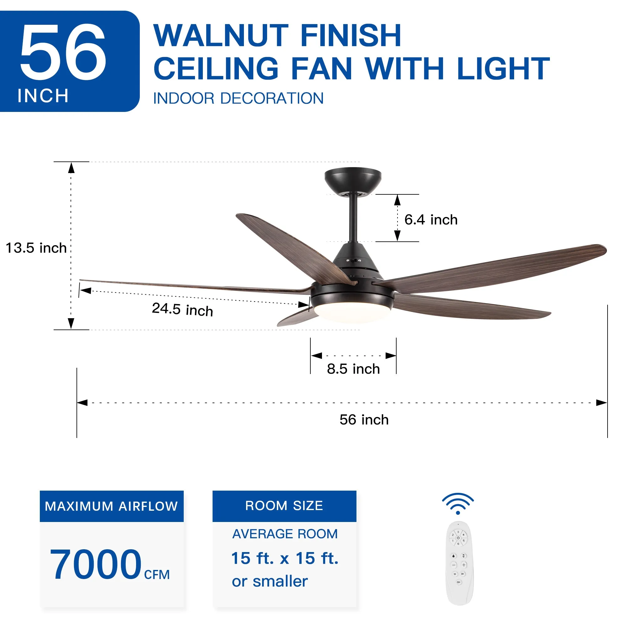 Misty Valley 56in. Integrated LED Modern Brown wood Ceiling Fan with Light,6-Speed Remote Control Ceiling Fan
