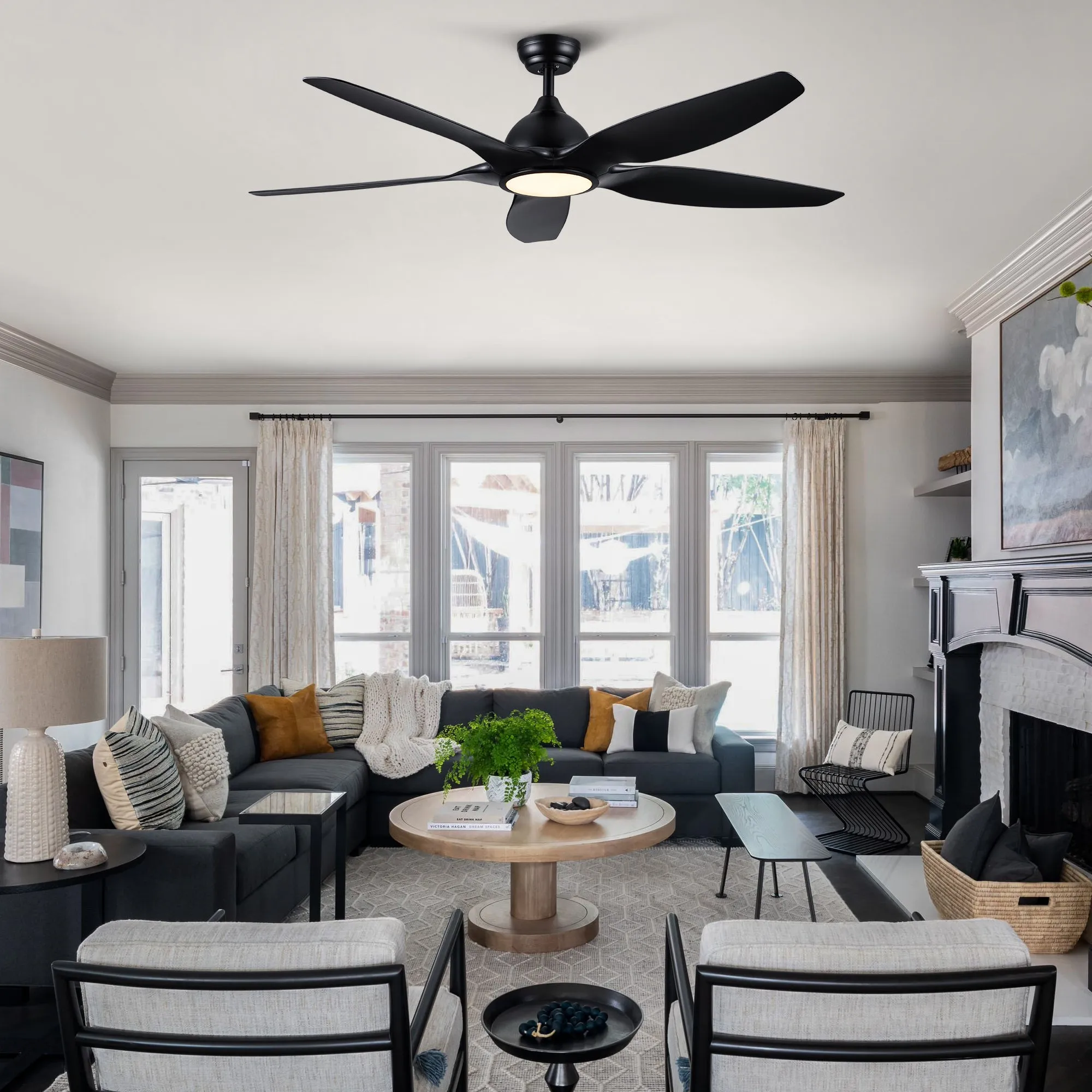 Misty Valley 60in. Modern Matte Black Integrated LED 5-Blade Reversible Ceiling Fan with Light