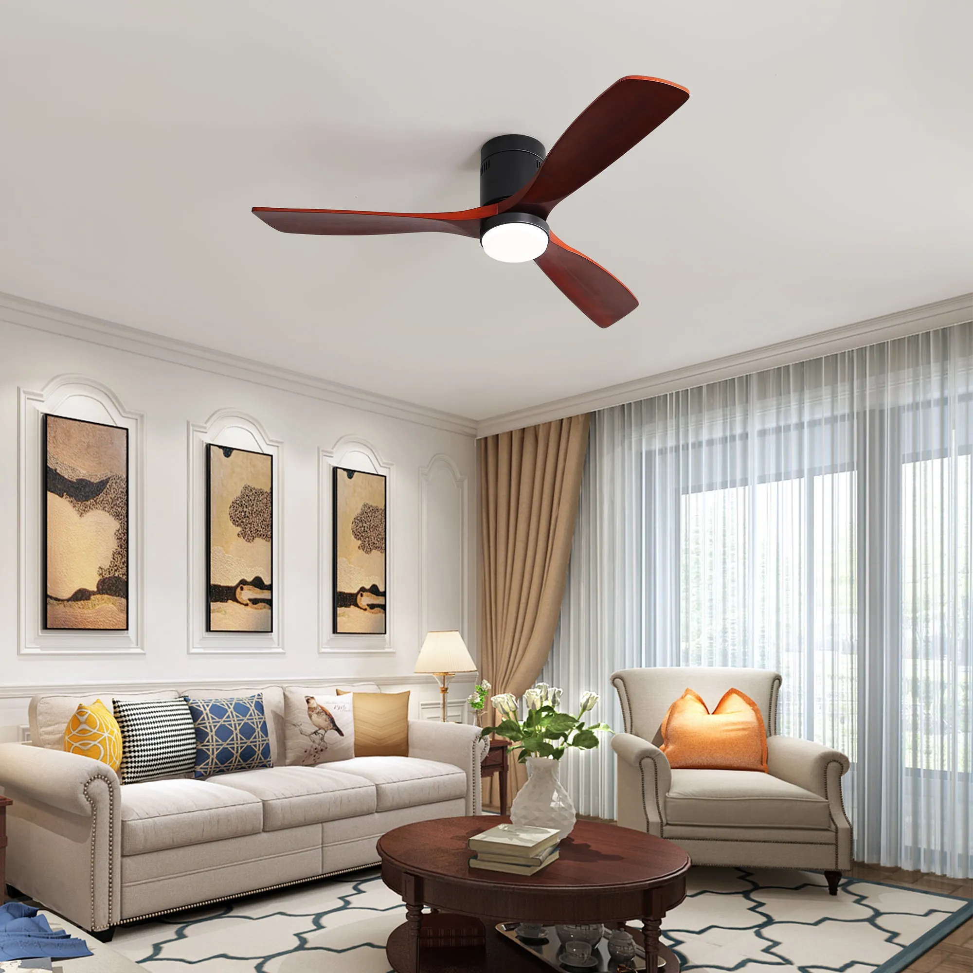 Misty Valley Modern 52in. Matte Black Ceiling Fan with Lights,Remote Control, Outdoor Wood Ceiling Fan , Noiseless Reversible DC Motor for Patio,Living Room, Bedroom