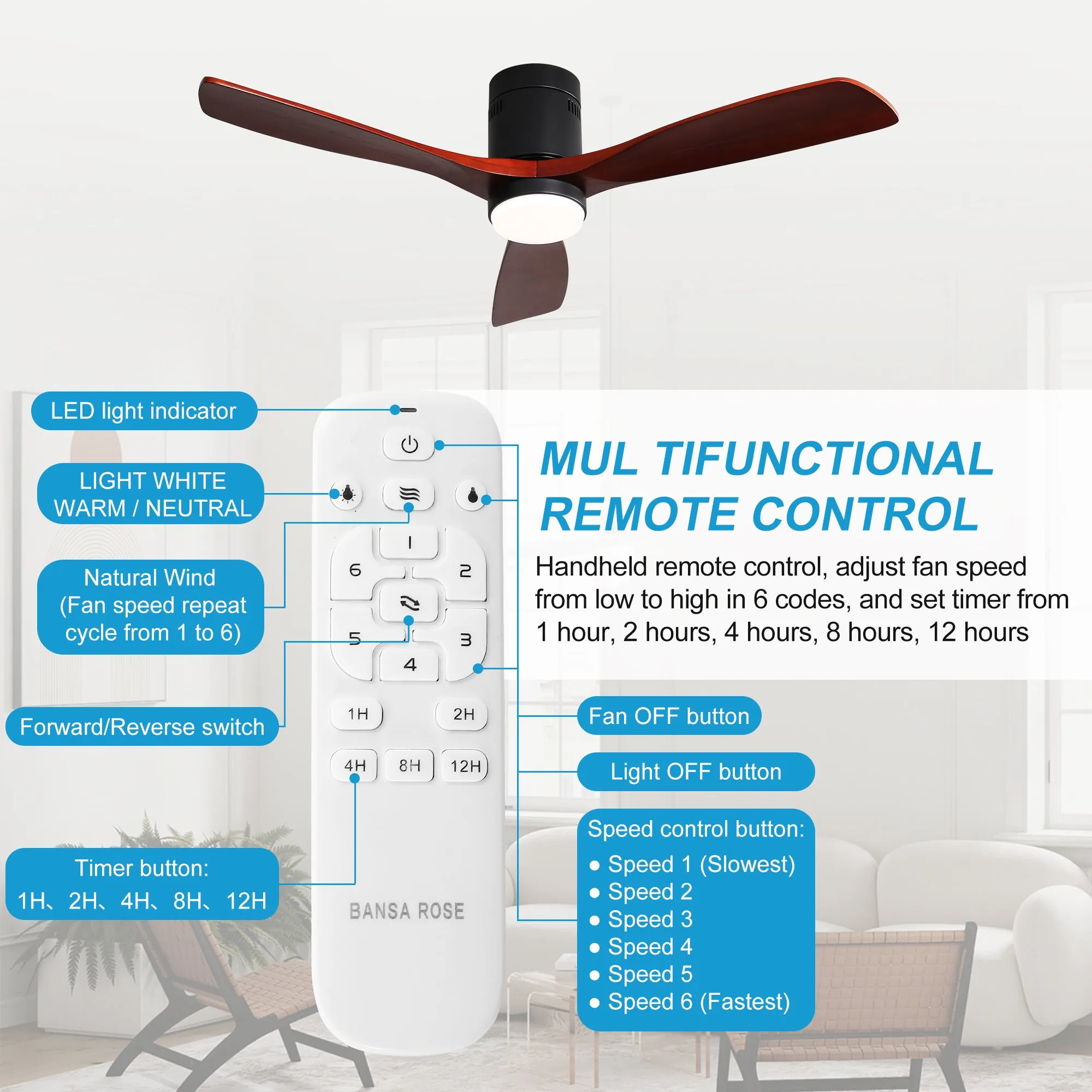 Misty Valley Modern 52in. Matte Black Ceiling Fan with Lights,Remote Control, Outdoor Wood Ceiling Fan , Noiseless Reversible DC Motor for Patio,Living Room, Bedroom
