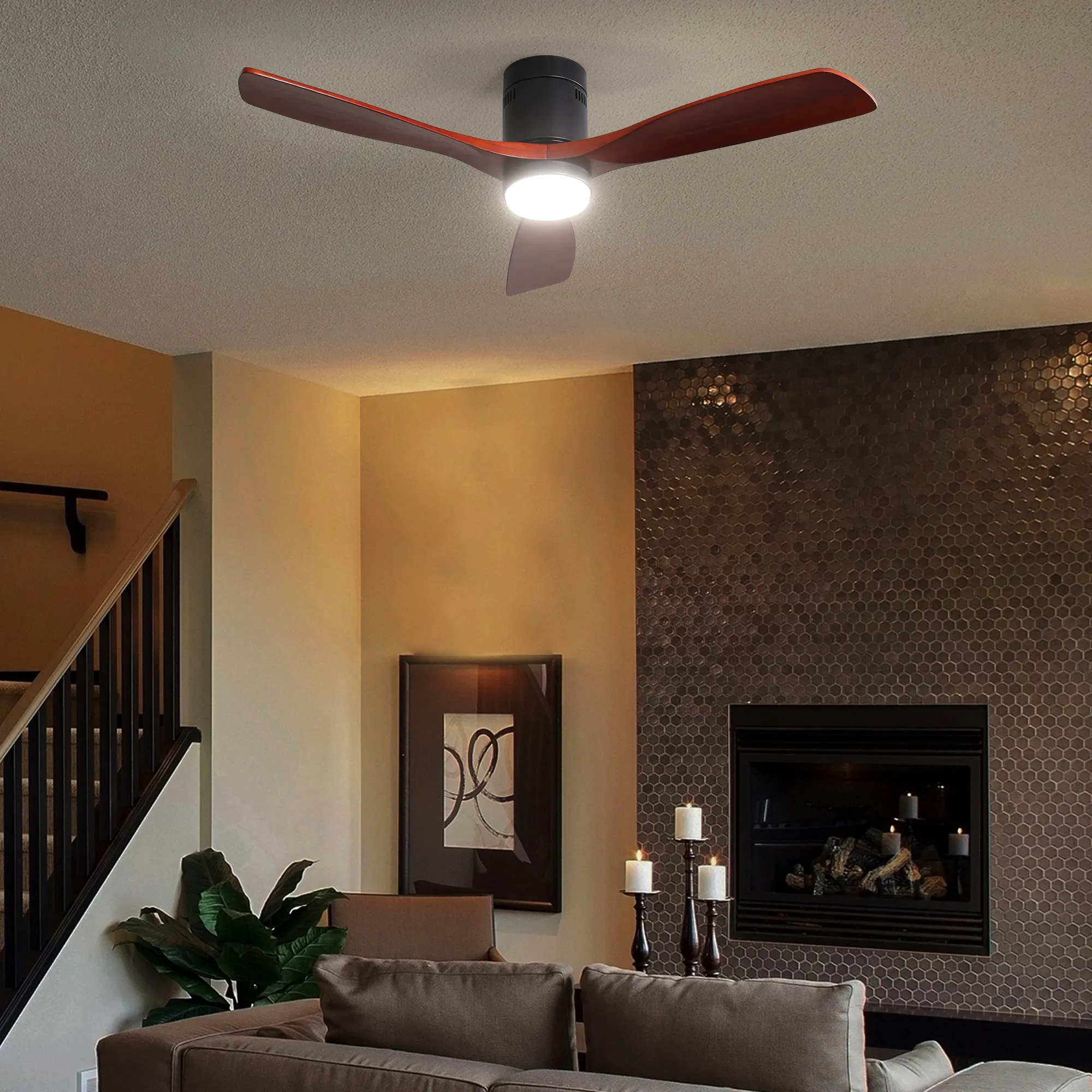 Misty Valley Modern 52in. Matte Black Ceiling Fan with Lights,Remote Control, Outdoor Wood Ceiling Fan , Noiseless Reversible DC Motor for Patio,Living Room, Bedroom