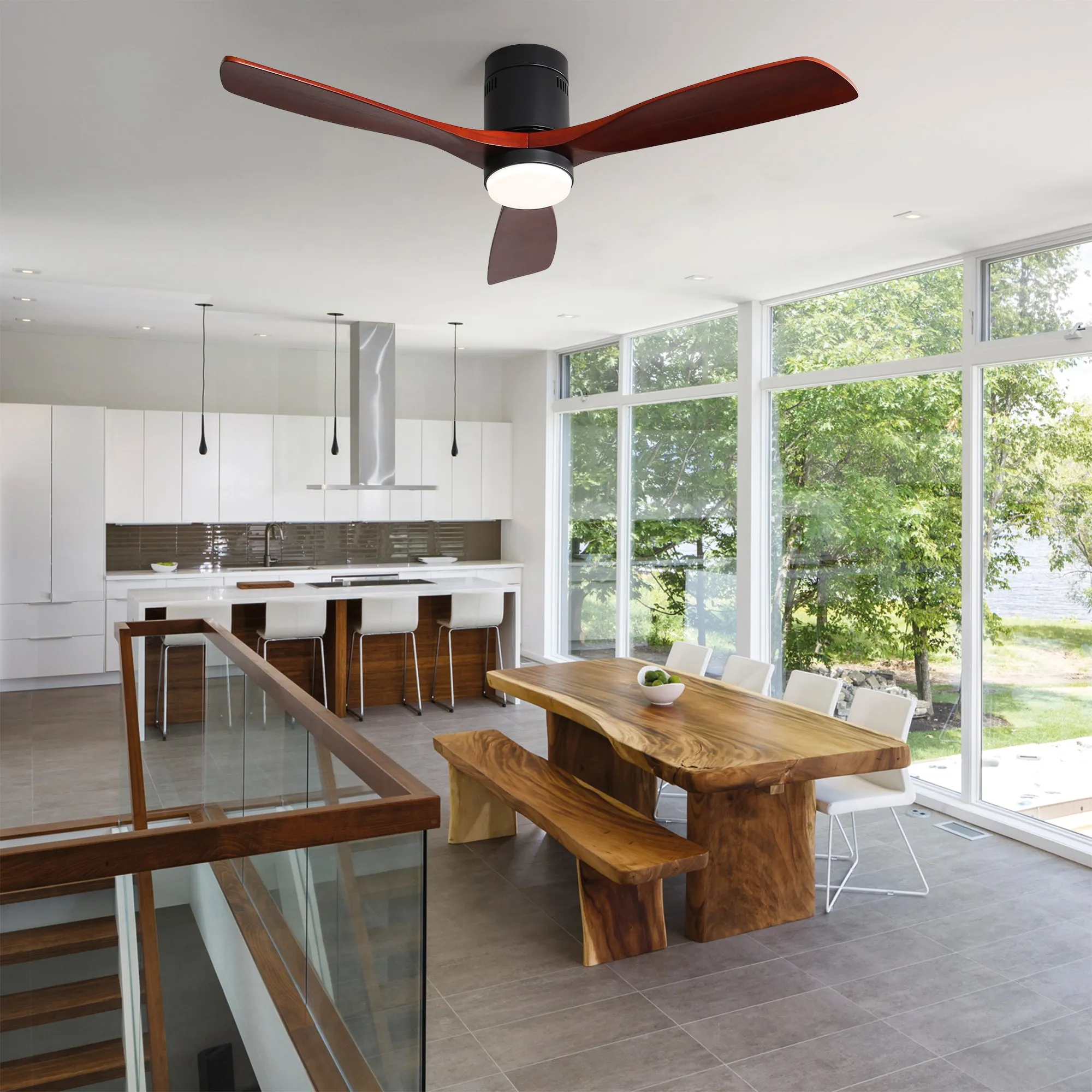 Misty Valley Modern 52in. Matte Black Ceiling Fan with Lights,Remote Control, Outdoor Wood Ceiling Fan , Noiseless Reversible DC Motor for Patio,Living Room, Bedroom