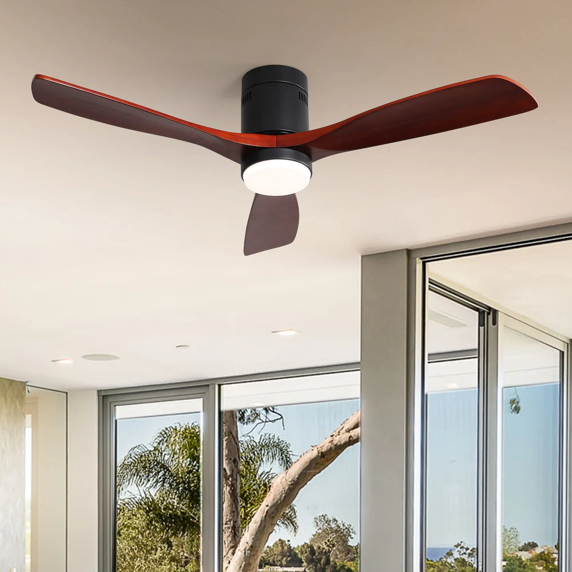 Misty Valley Modern 52in. Matte Black Ceiling Fan with Lights,Remote Control, Outdoor Wood Ceiling Fan , Noiseless Reversible DC Motor for Patio,Living Room, Bedroom