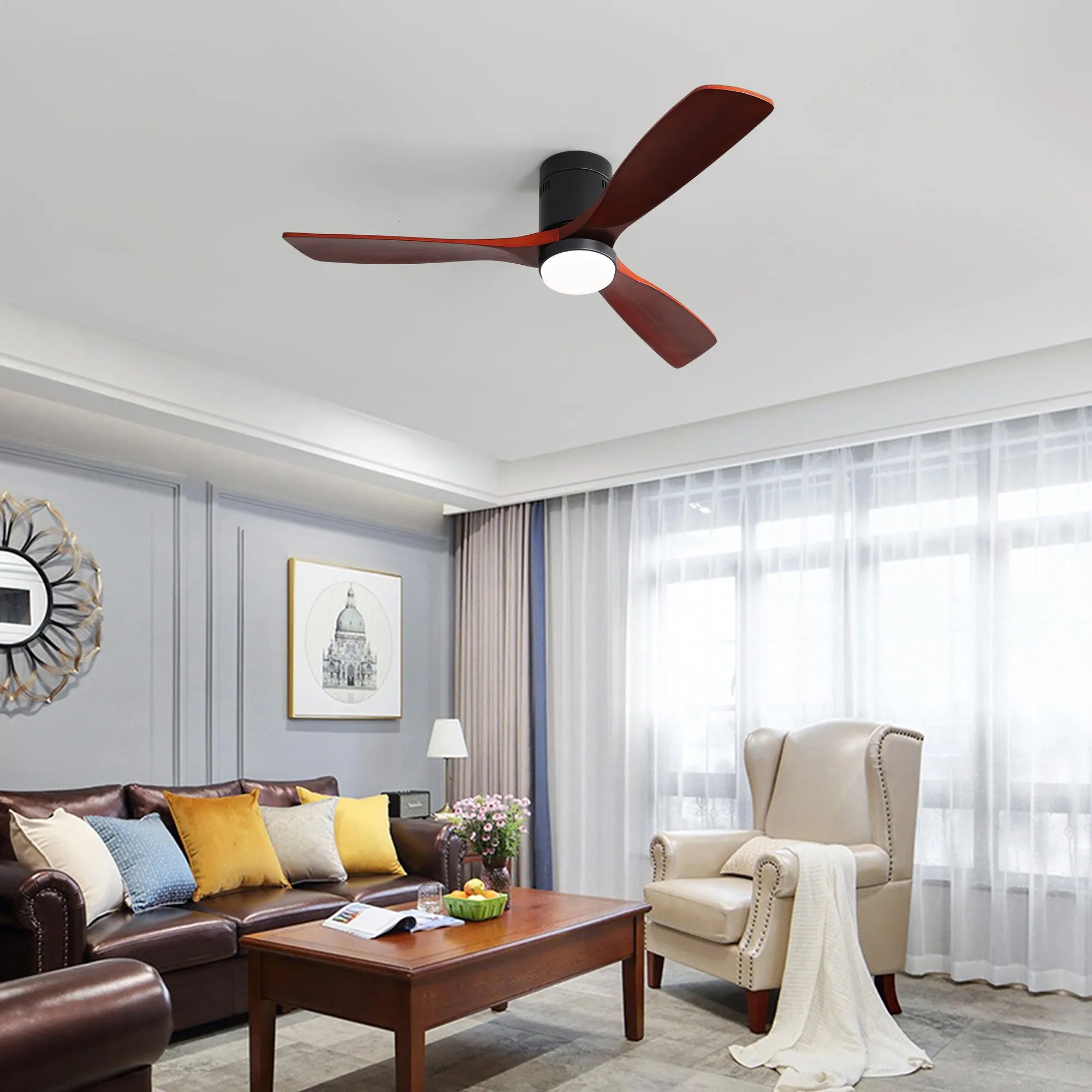 Misty Valley Modern 52in. Matte Black Ceiling Fan with Lights,Remote Control, Outdoor Wood Ceiling Fan , Noiseless Reversible DC Motor for Patio,Living Room, Bedroom