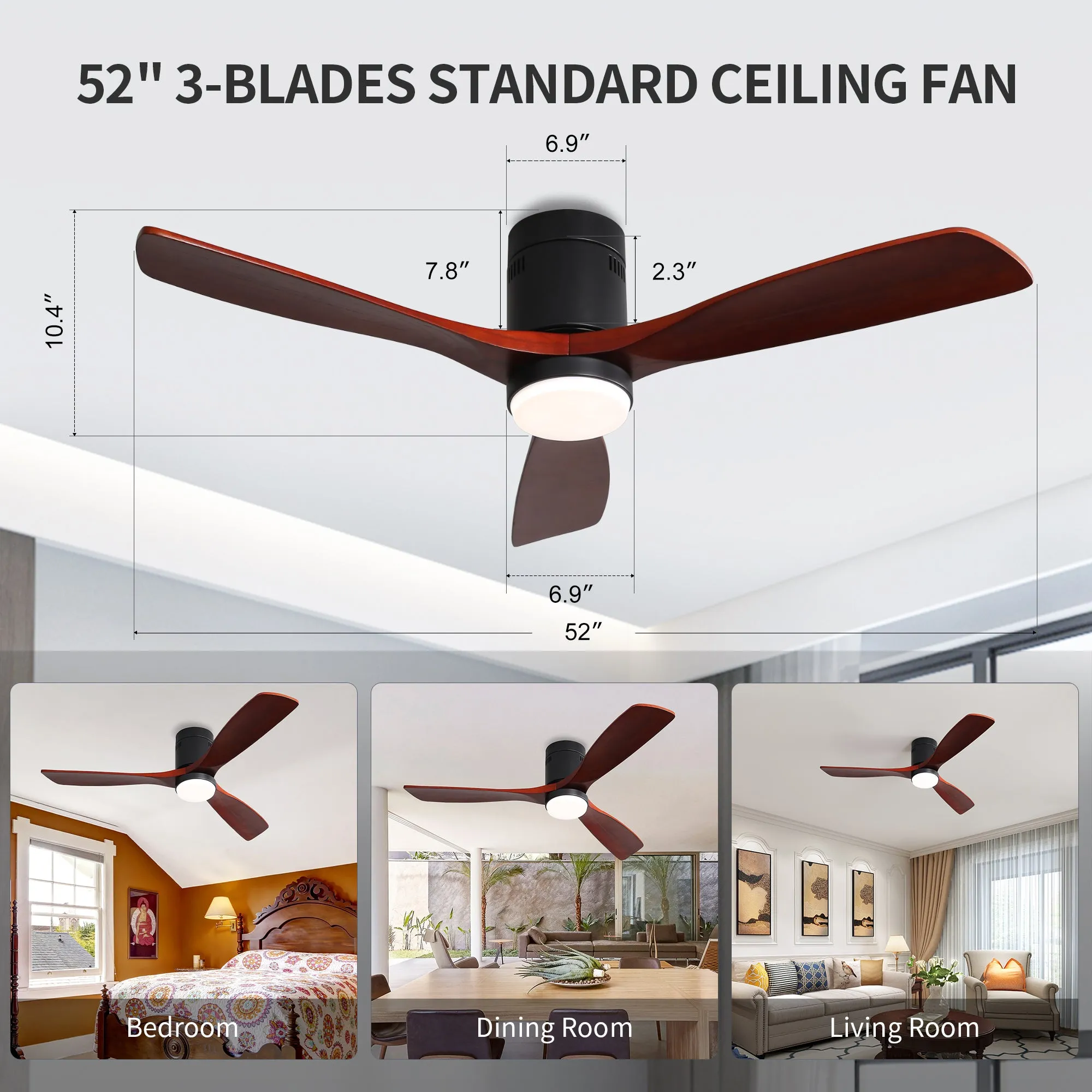 Misty Valley Modern 52in. Matte Black Ceiling Fan with Lights,Remote Control, Outdoor Wood Ceiling Fan , Noiseless Reversible DC Motor for Patio,Living Room, Bedroom
