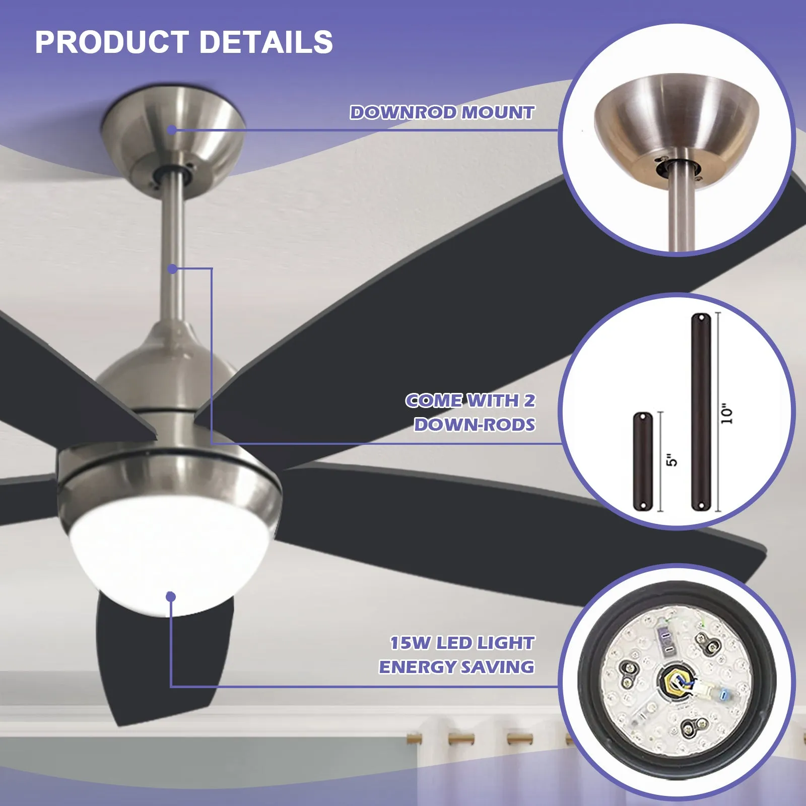 Misty Valley Quiet 52in. Black Modern Ceiling Fan with Lights,Remote Control
