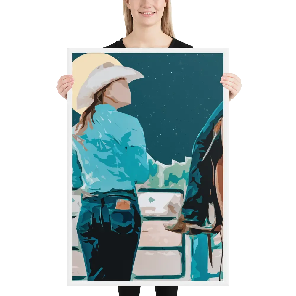 Moonlit Companions – Cowgirl and Horse Framed Cowgirl Poster