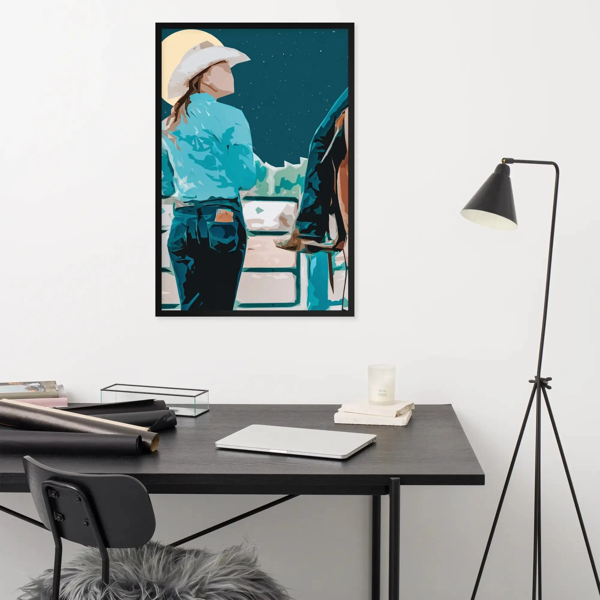 Moonlit Companions – Cowgirl and Horse Framed Cowgirl Poster