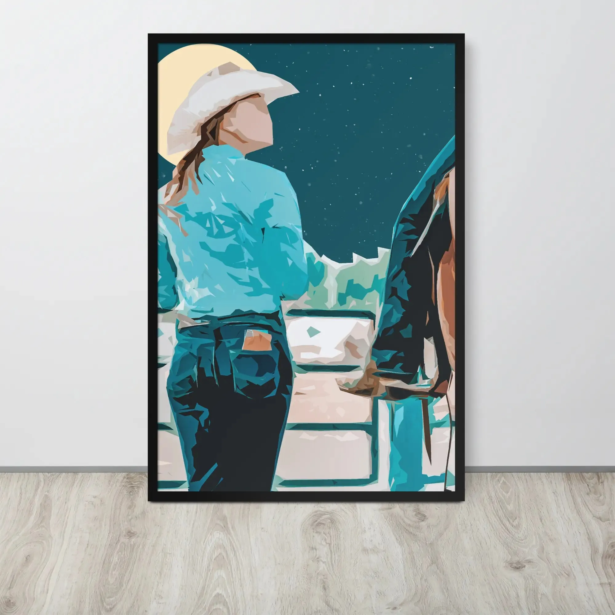 Moonlit Companions – Cowgirl and Horse Framed Cowgirl Poster