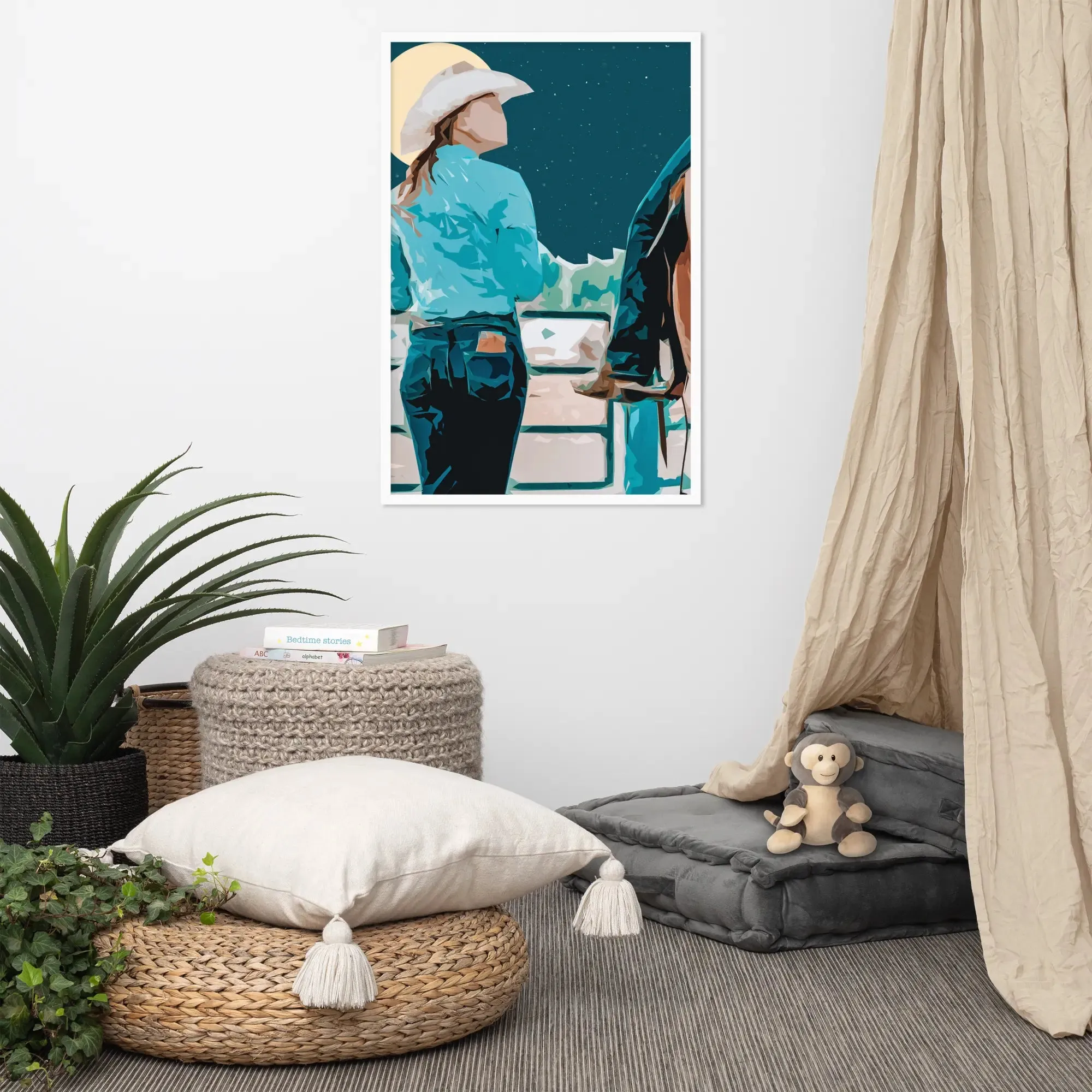 Moonlit Companions – Cowgirl and Horse Framed Cowgirl Poster