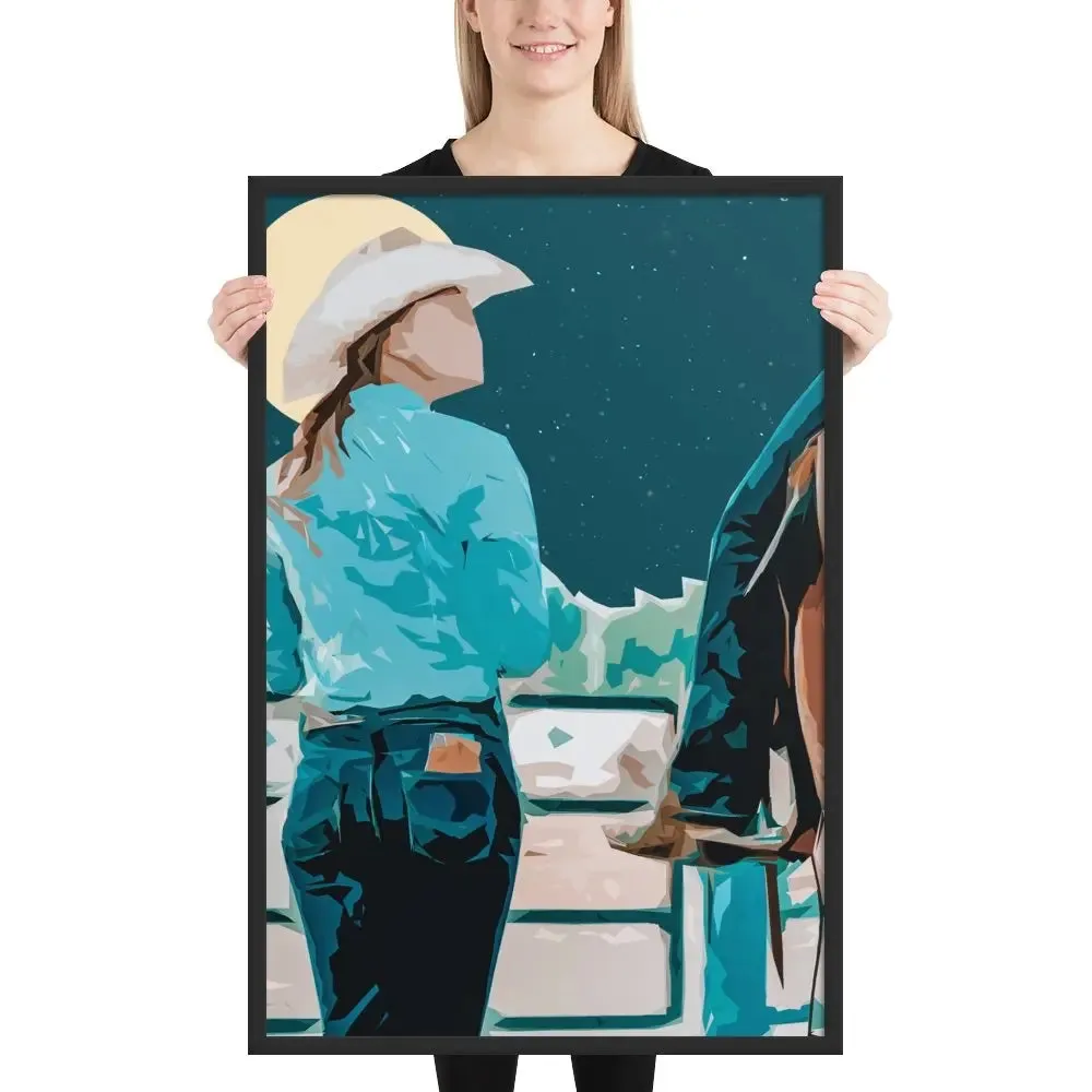 Moonlit Companions – Cowgirl and Horse Framed Cowgirl Poster