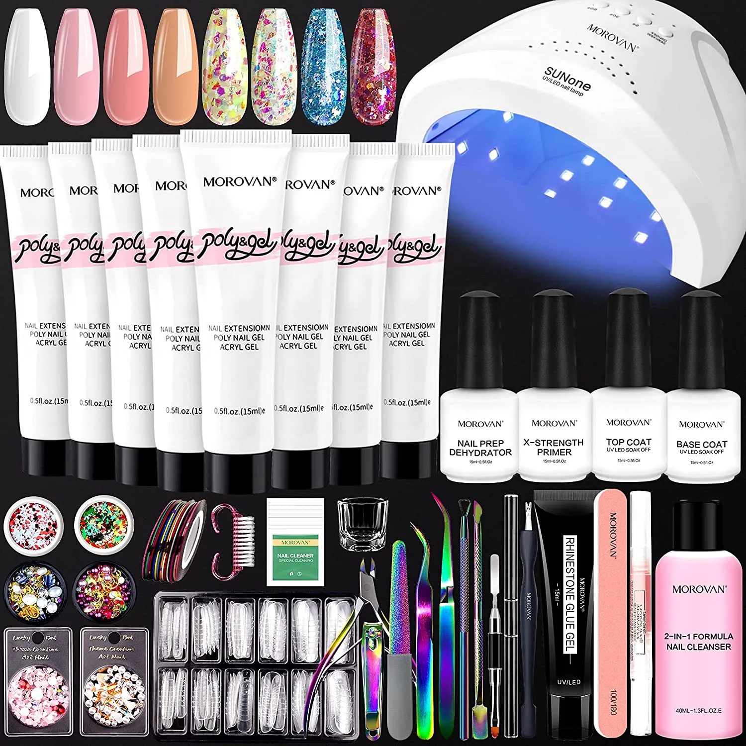 Morovan Poly Gel Nail Kit Builder Gel for Nails with 48W LED Nail Lamp Nail Extension Gel 8 Pcs 0.5oz with Slip Solution Nail Prep Dehydrator and Nail Primer Poly Nail Gel Kit Nail Art Supplies
