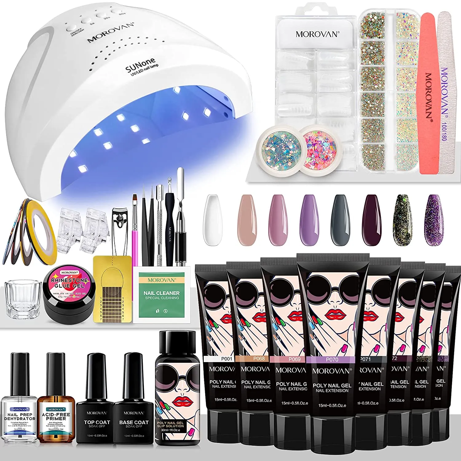 Morovan Poly Gel Nail Kit Builder Gel for Nails with 48W LED Nail Lamp Nail Extension Gel 8 Pcs 0.5oz with Slip Solution Nail Prep Dehydrator and Nail Primer Poly Nail Gel Kit Nail Art Supplies